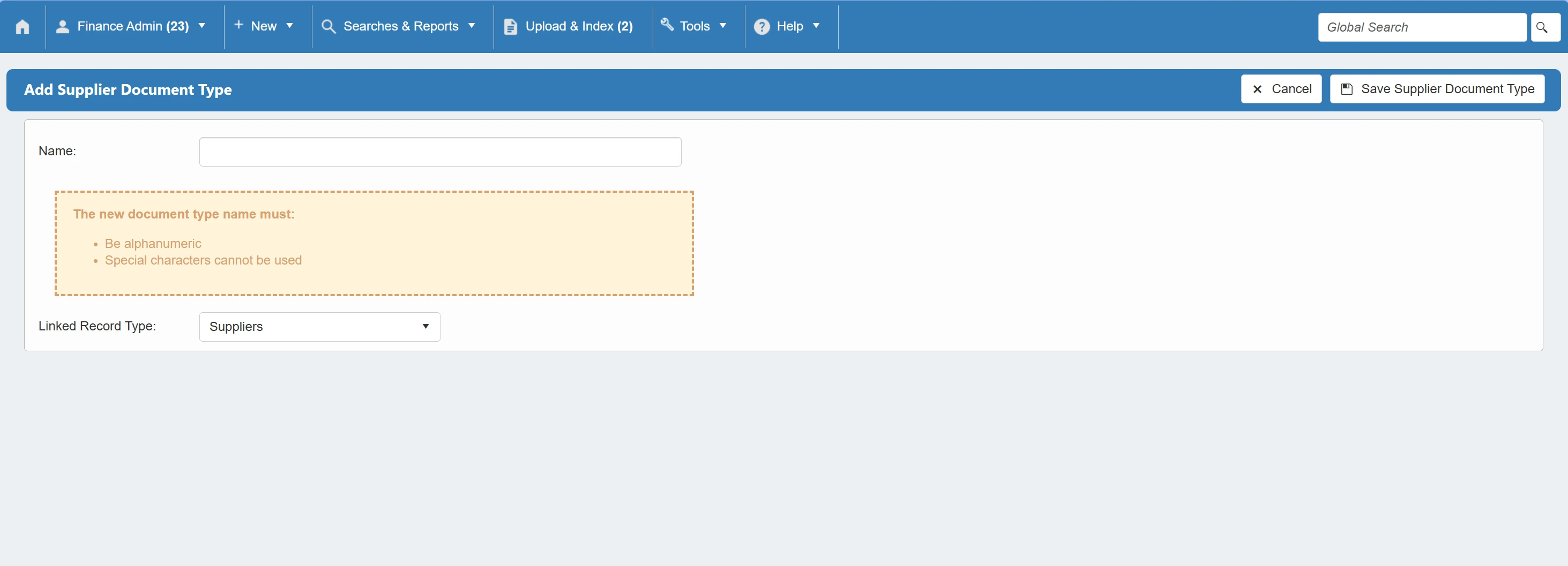 Input the Document Type name and specify the linked record type.
