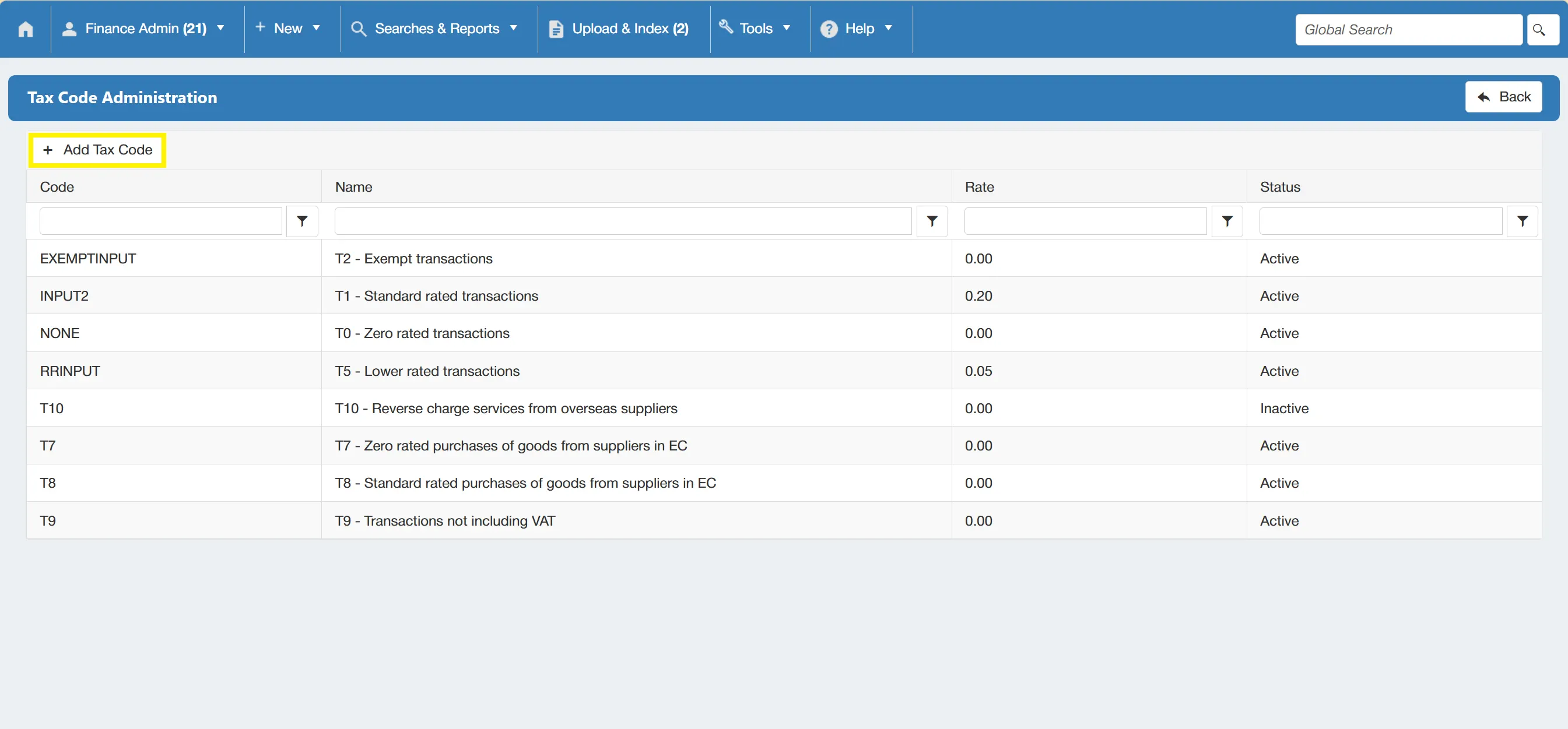 Users can add new tax codes as required for use within the system.