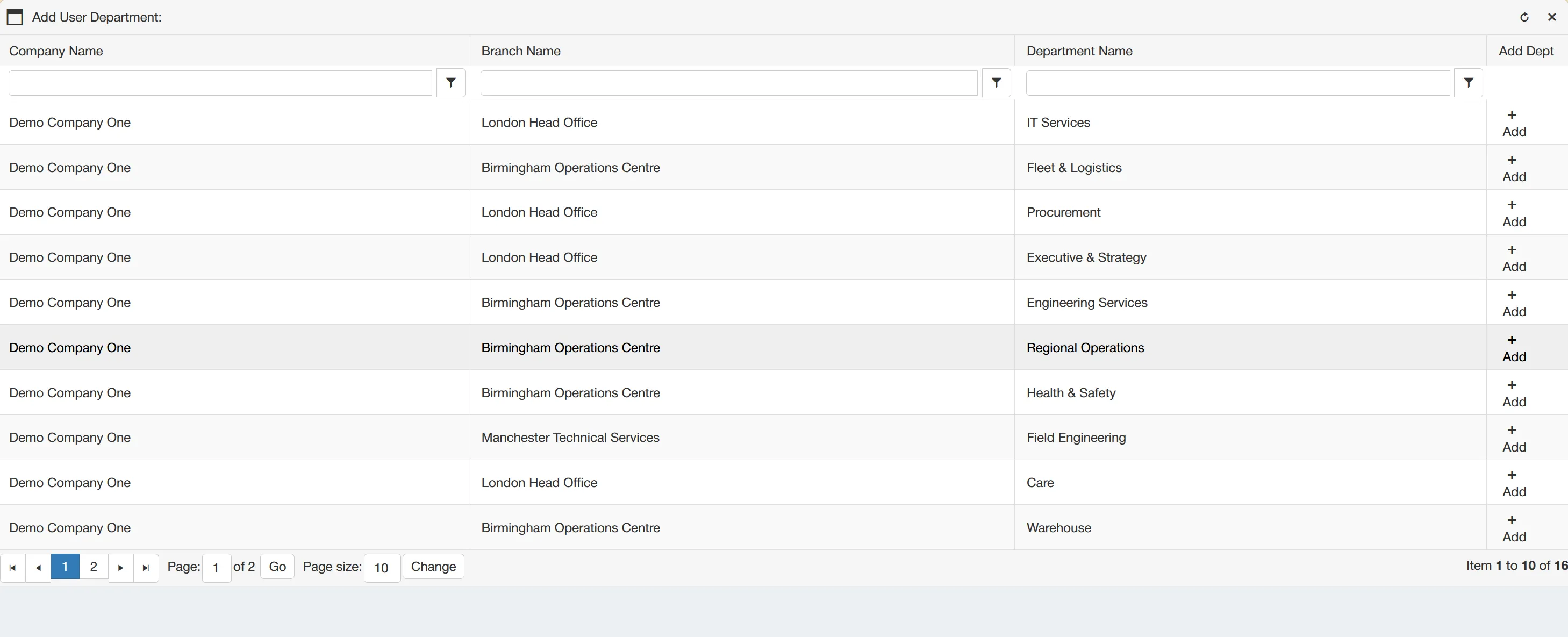 Clicking on Add Department displays a grid containing all available departments to which the user can be assigned.