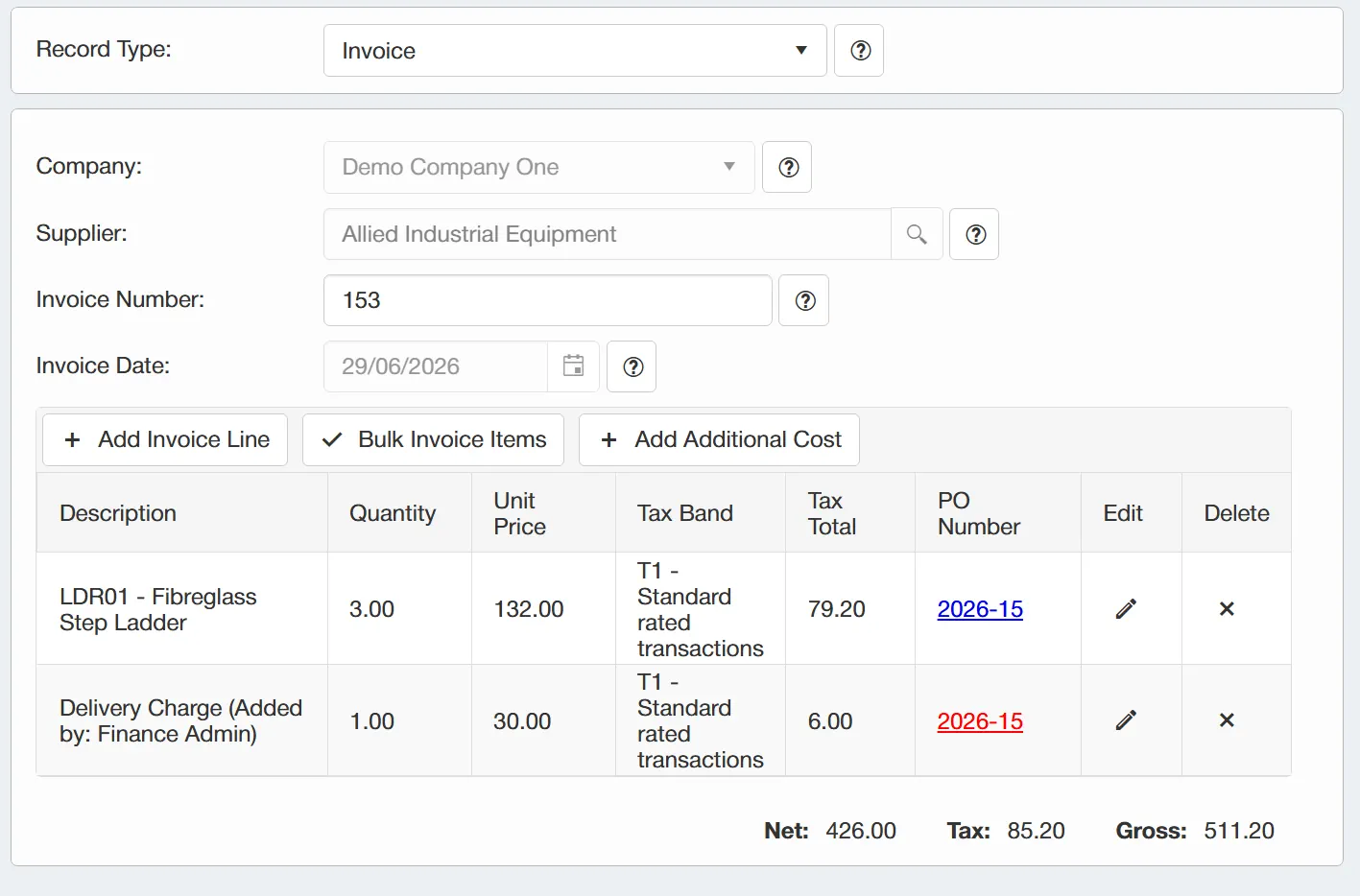 Additional Costs Any additional costs will be displayed on the invoice lines grid for review.