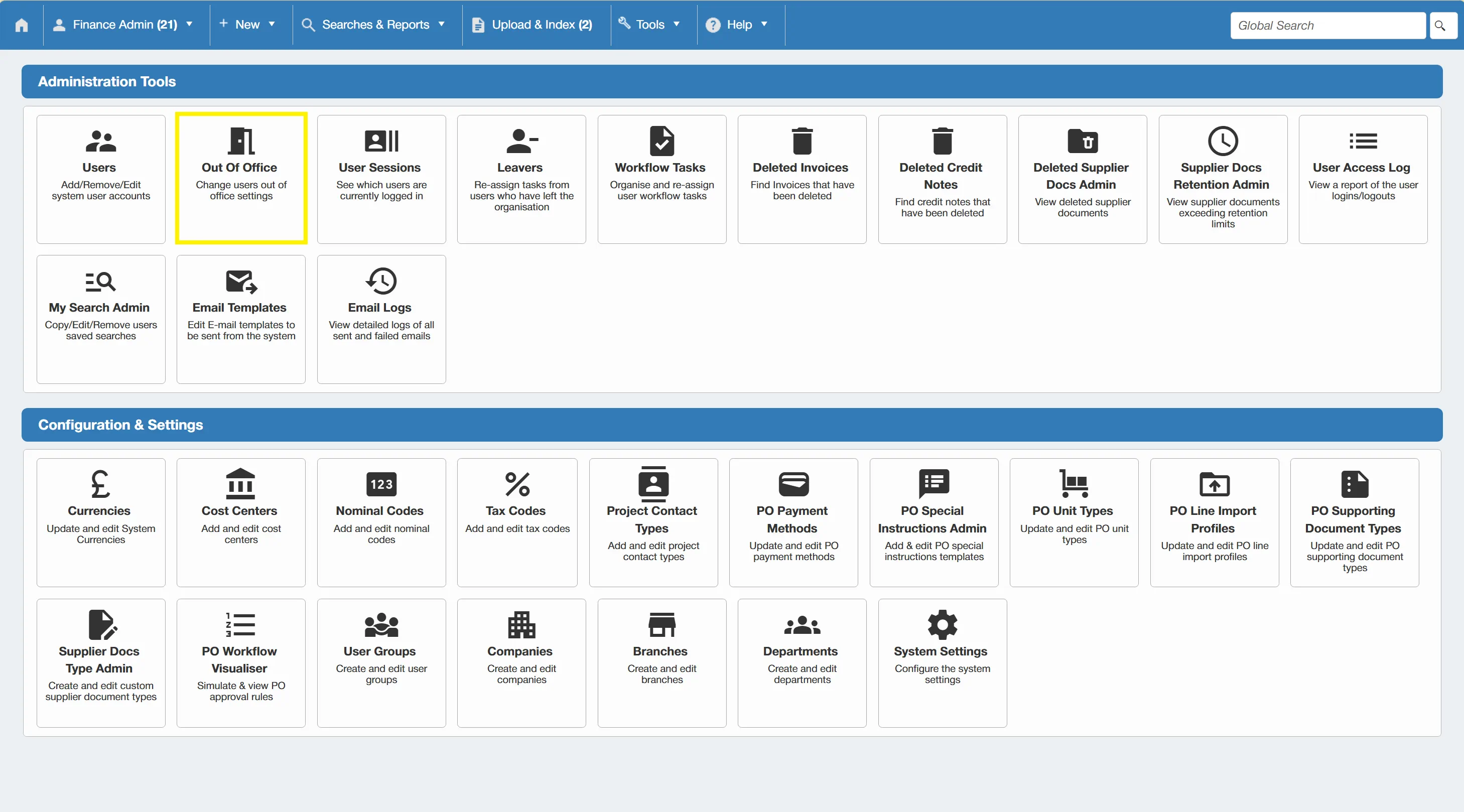 Admin users have the ability to enable out of office functions on behalf of other users.