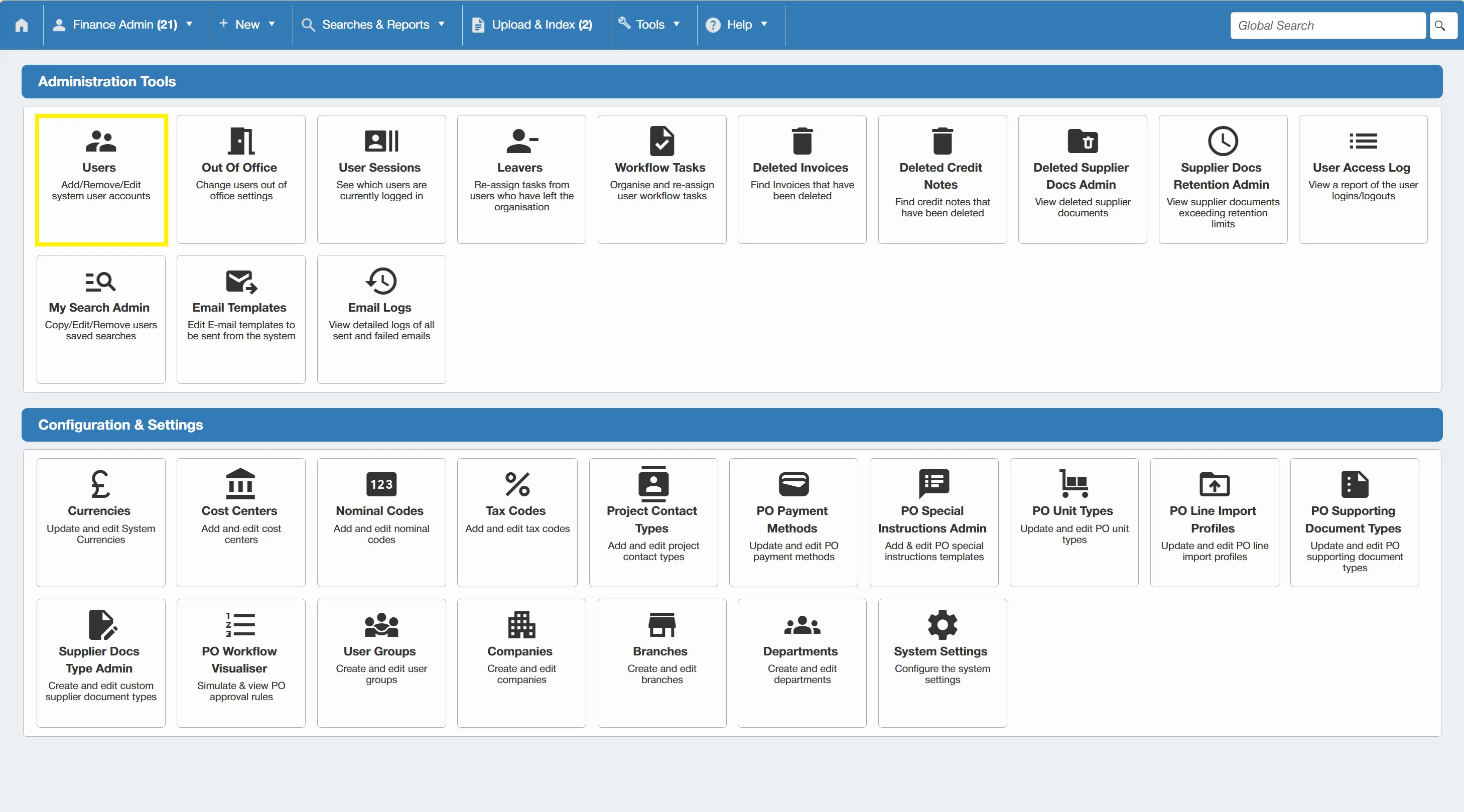 Select the Users option on the Administration Tools section to access User Administration.