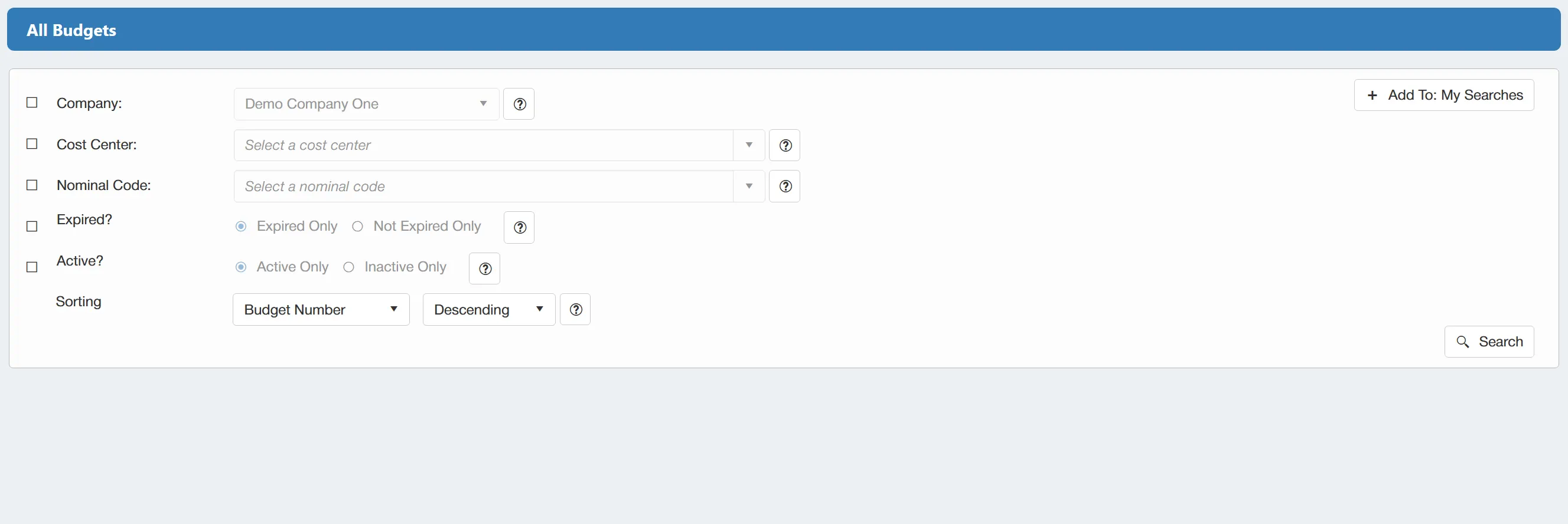 The budgets search has several filters available, allowing for more precise search results.