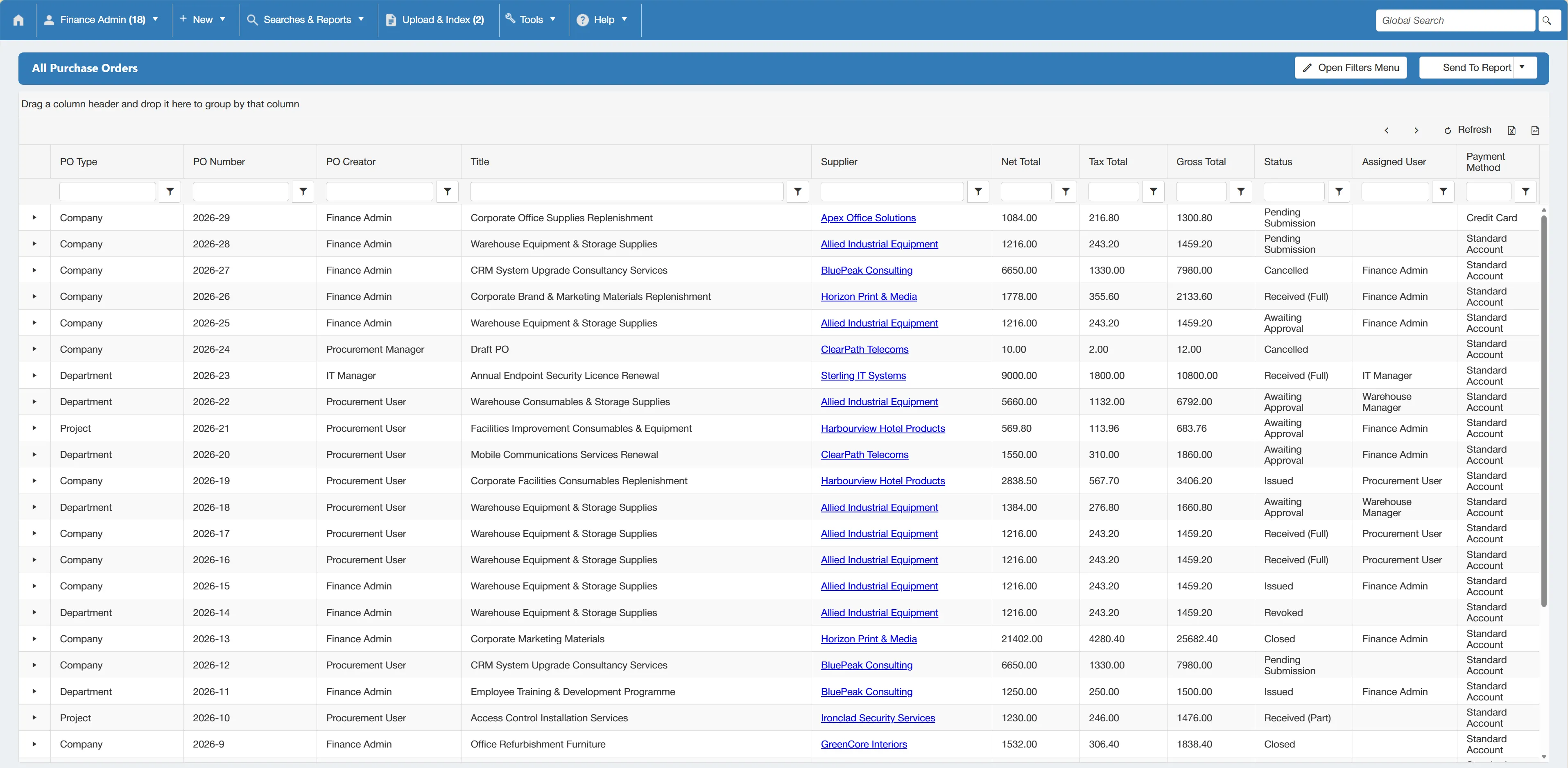 Purchase order search results are displayed in a grid with various columns.