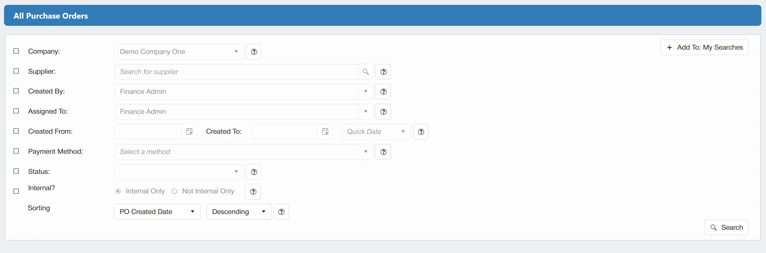 There are a number of filters available for the purchase order search.