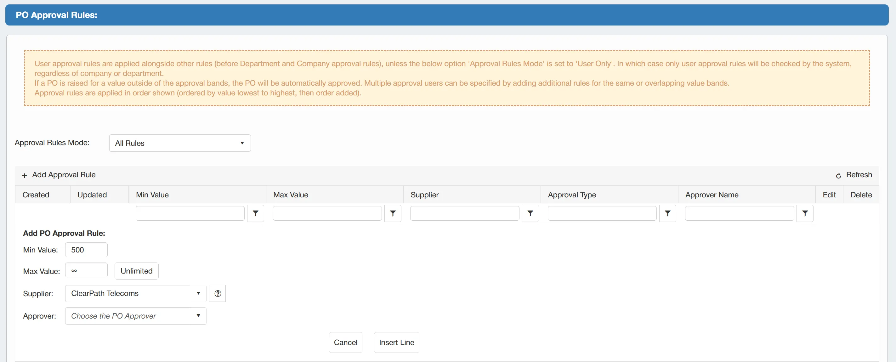 Users can set a minimum and maximum value for the approval rule alongside the designated approver.