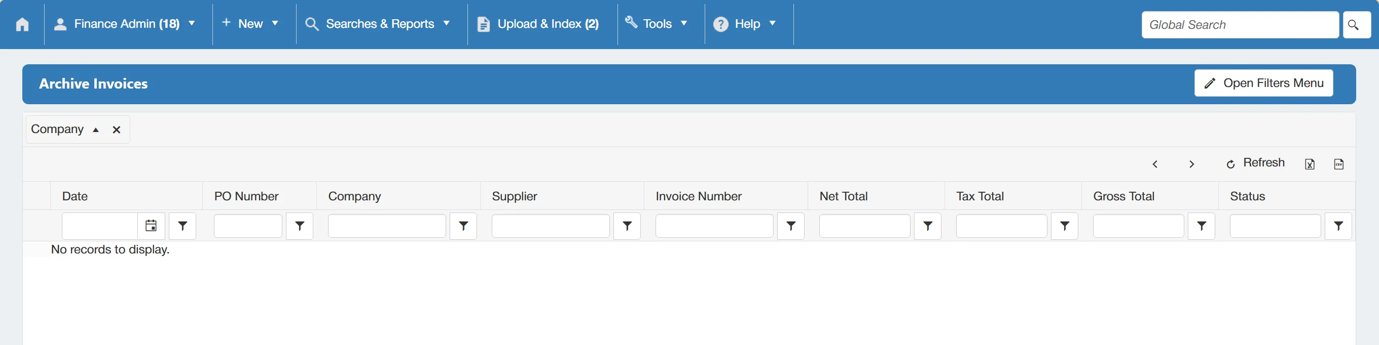 The legacy invoices are displayed on a grid with several columns.