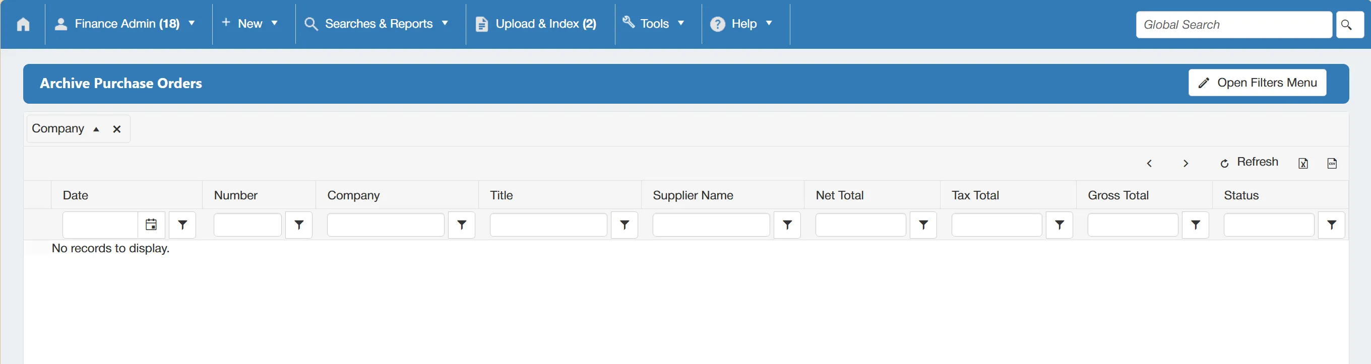 The legacy purchase orders are displayed on a search grid with multiple columns.