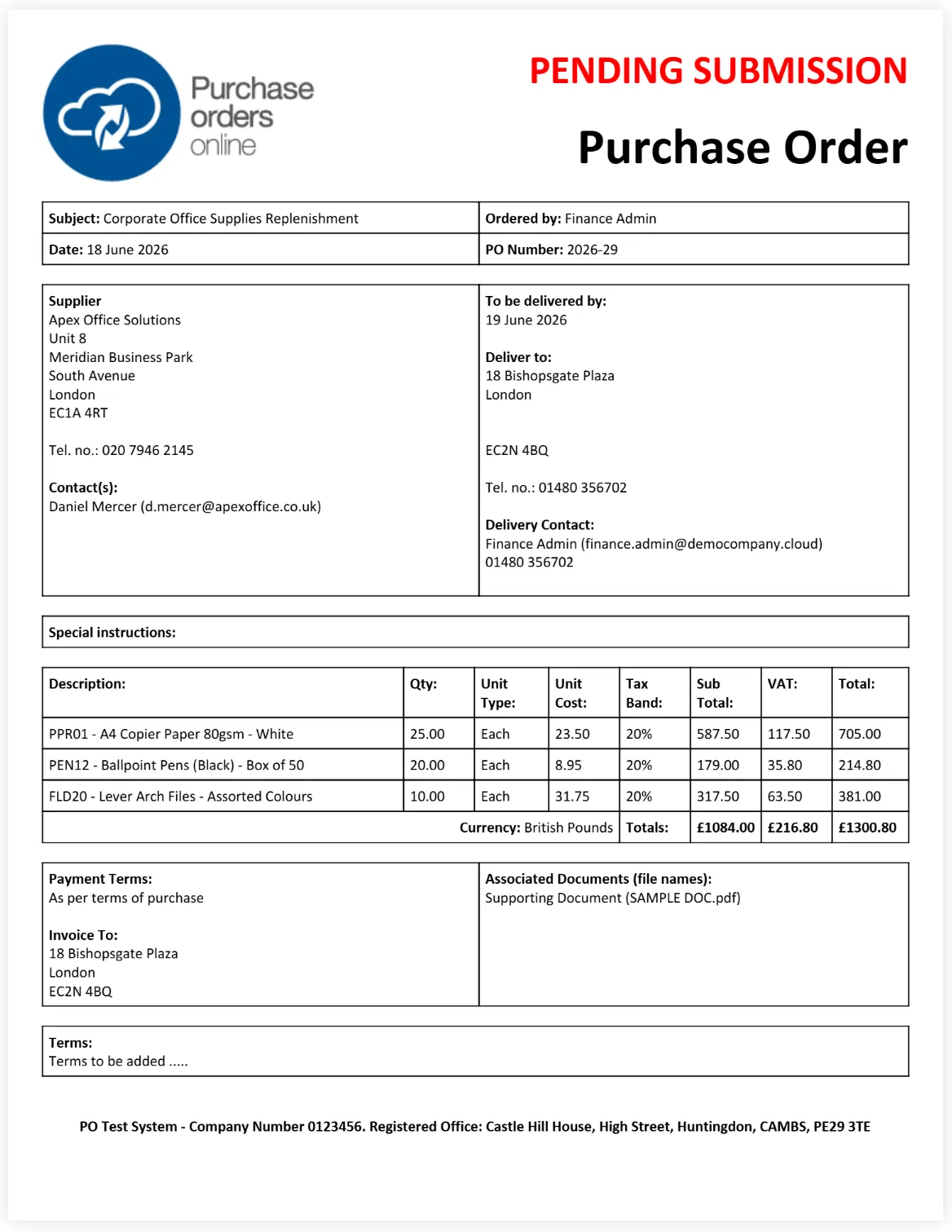 The details of any supplier supporting documents will be displayed on the purchase order for suppliers to review.