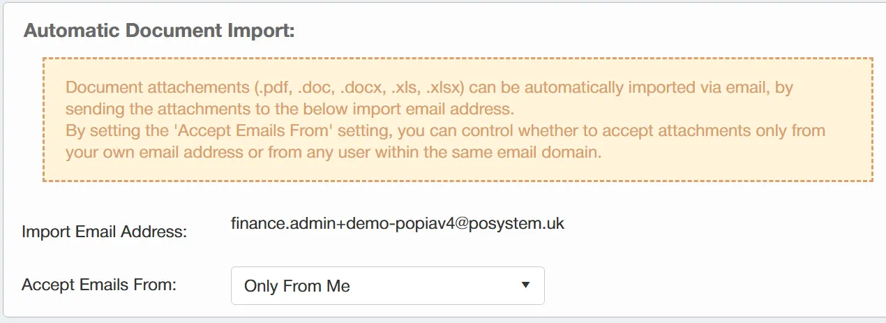 Users can send documents to a designated email address to import documents into the purchase order system.