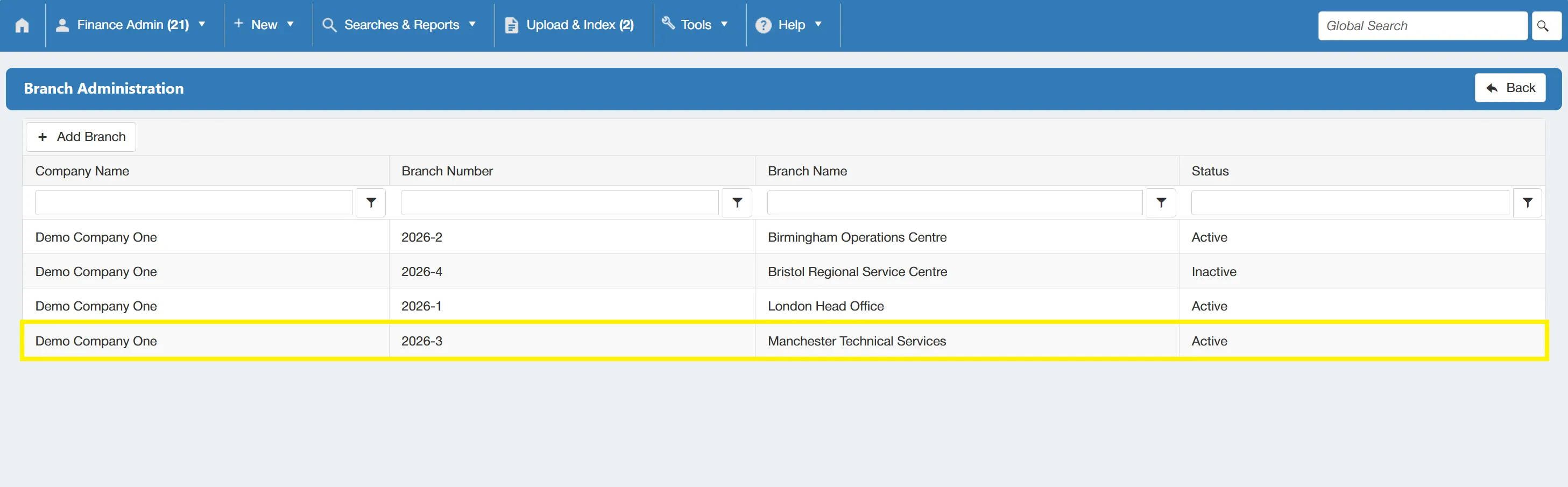 Once the branch has been saved, it will appear in the Branch Administration Grid.