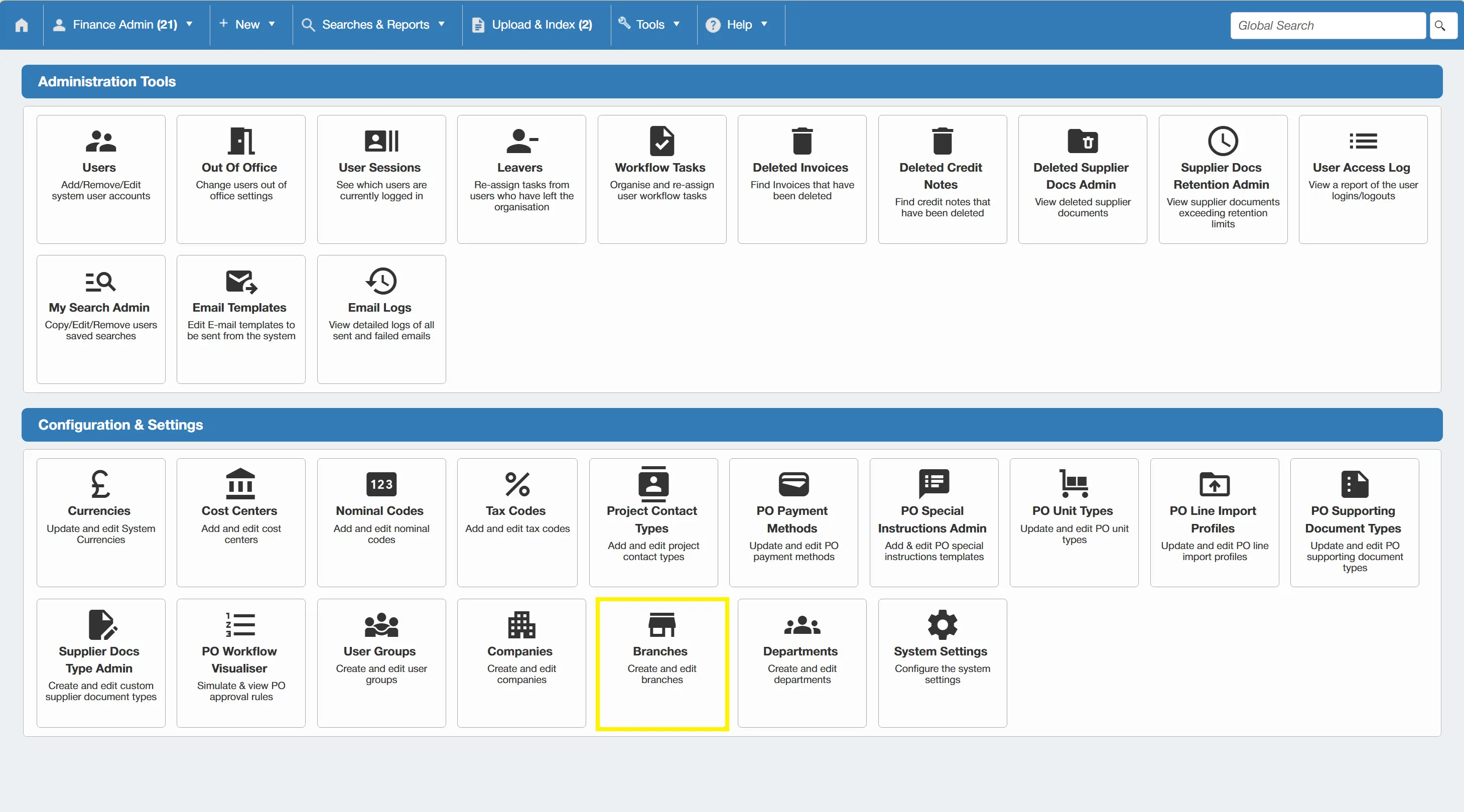 Admin users can configure existing branches and add new ones to the PO software as required.