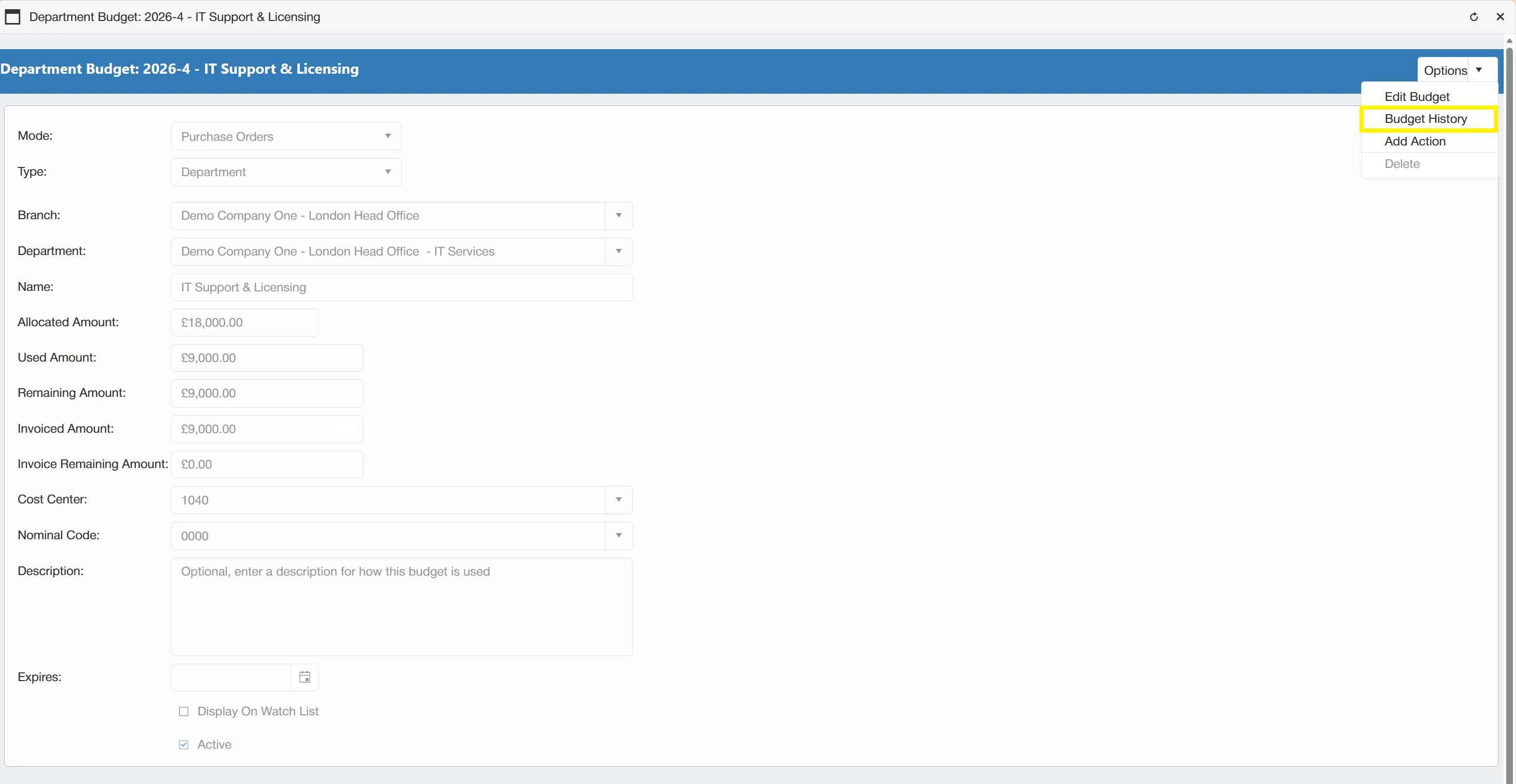 Select the Budget History button from the Options drop down menu.