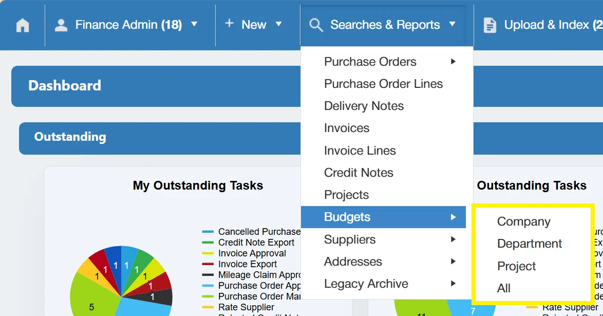 Users can conduct budget searches at multiple levels within the purchase order software.