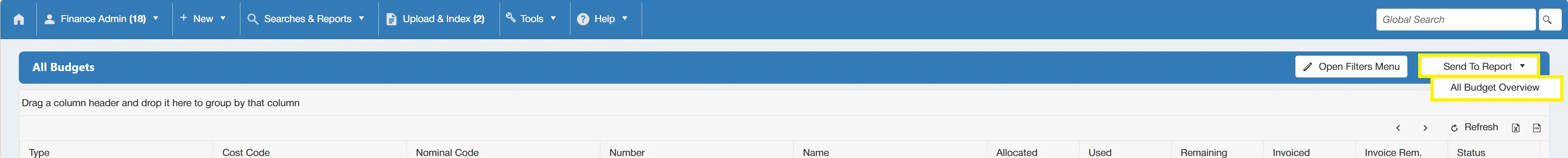 The Budget Overview button allows users to send the budget search results to a report.