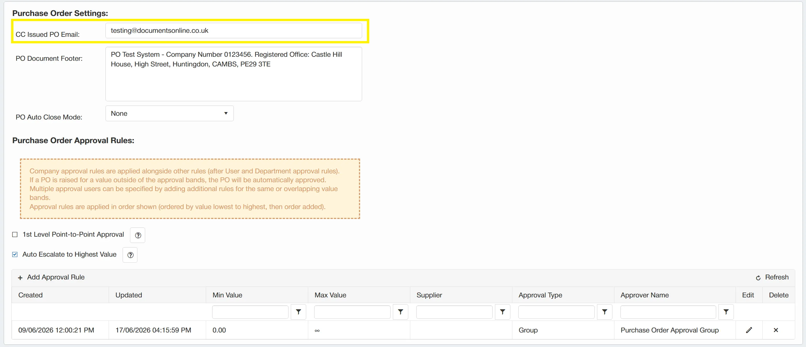 The CC Issued PO Email Address can be set to ensure a copy of the PO is sent to the designated email.