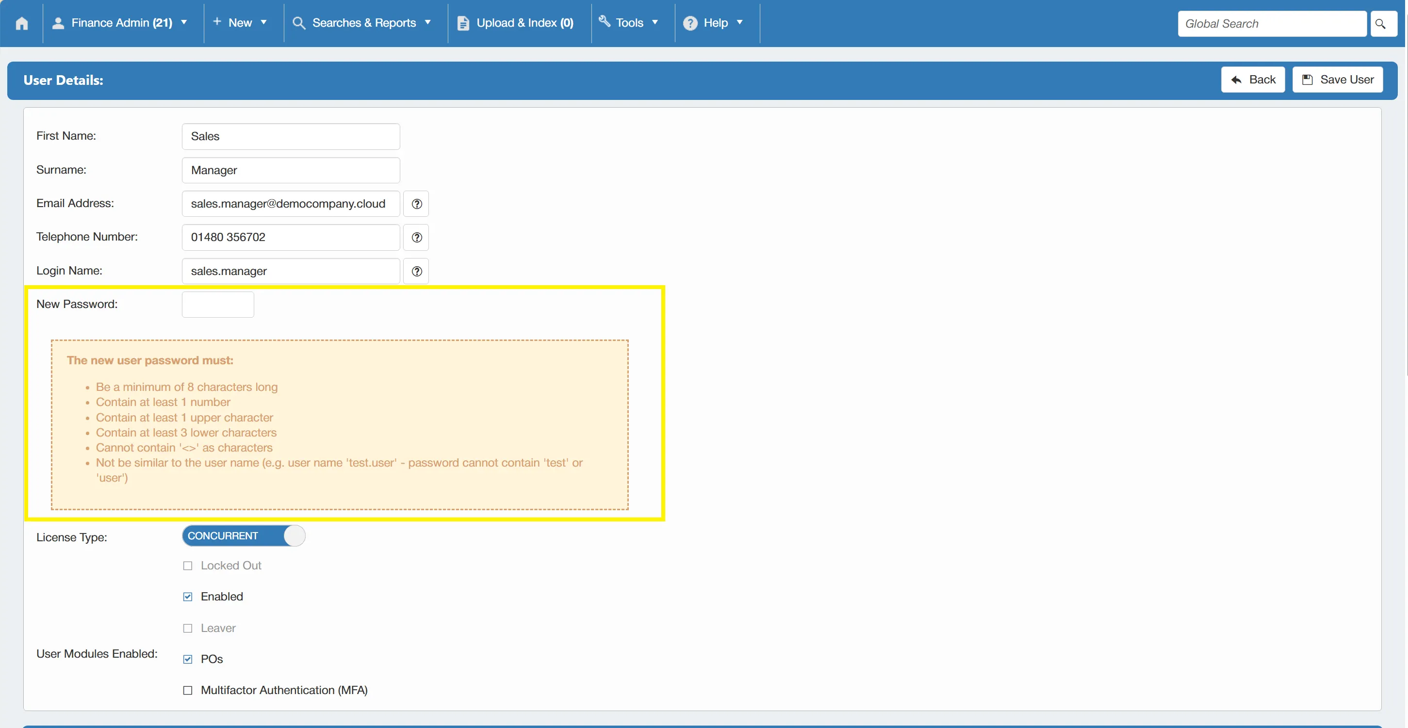 Admin users are able to change user passwords as required from the User Details section.