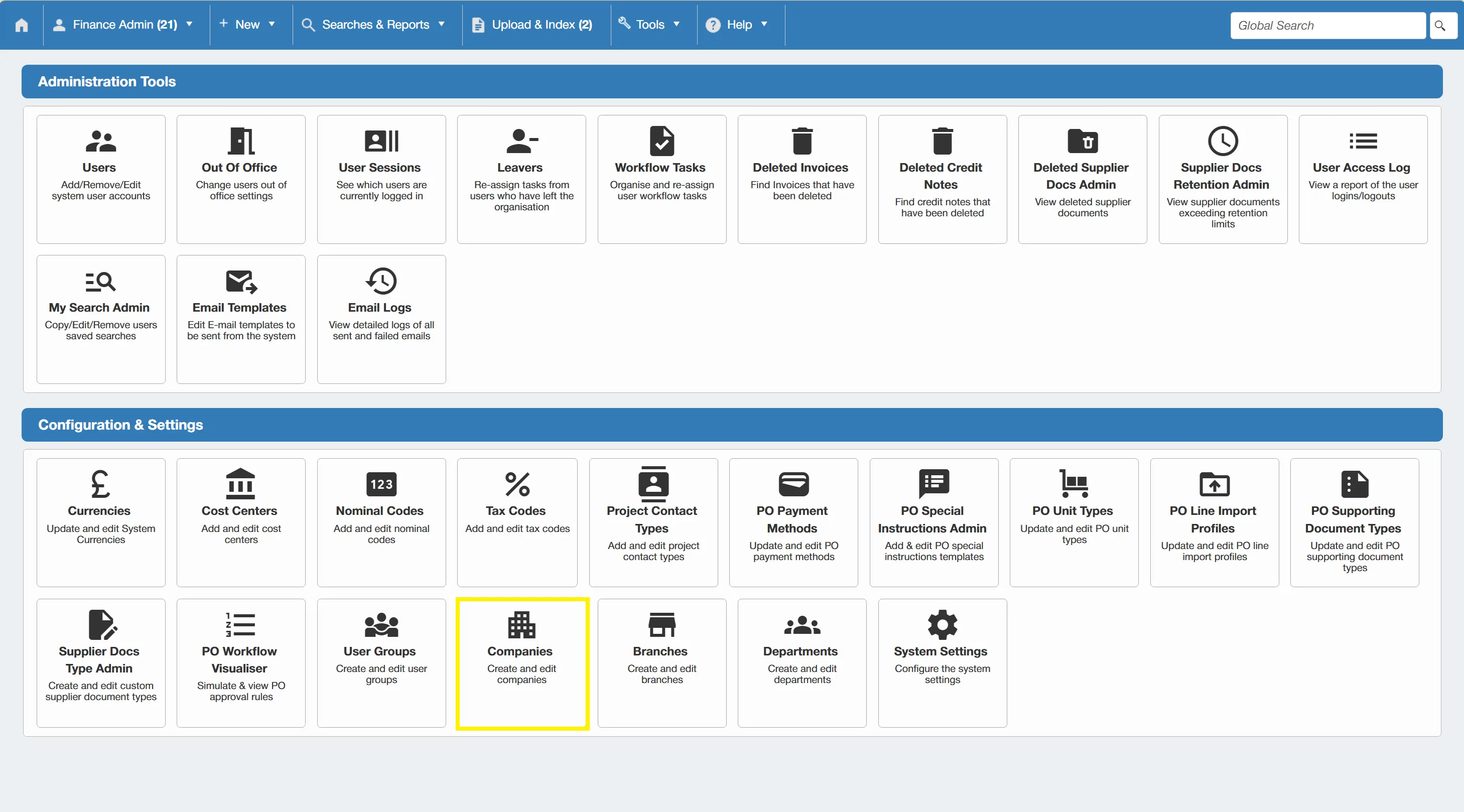 Admin users can configure companies within the system including adding new ones.