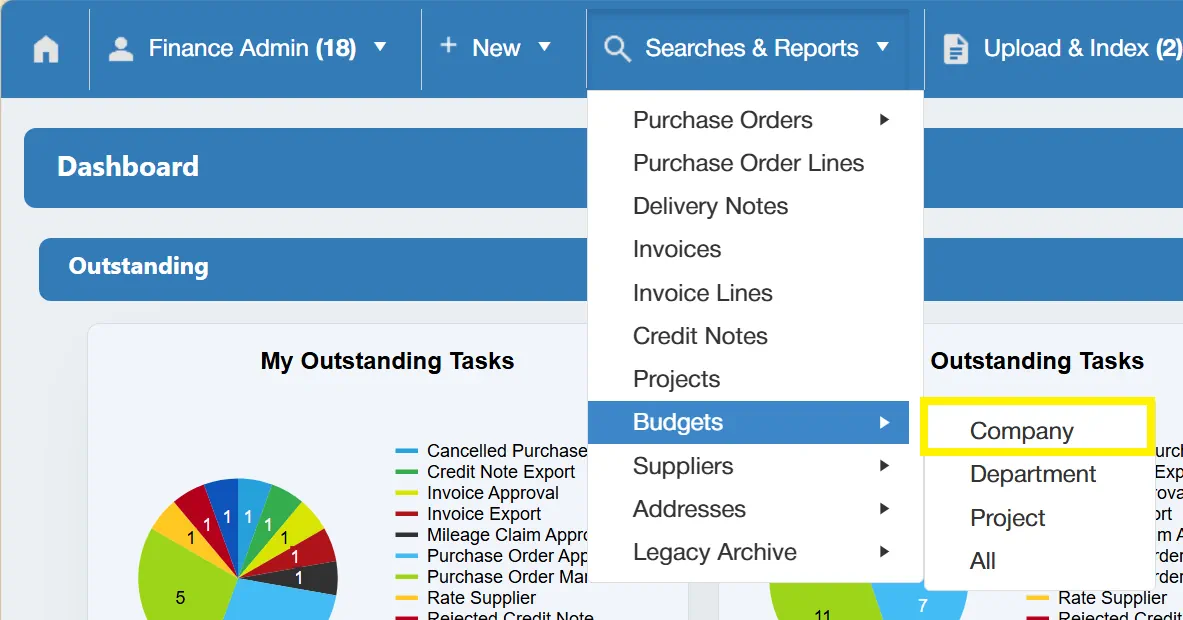 Users can conduct company level budget searches within the purchase order software.
