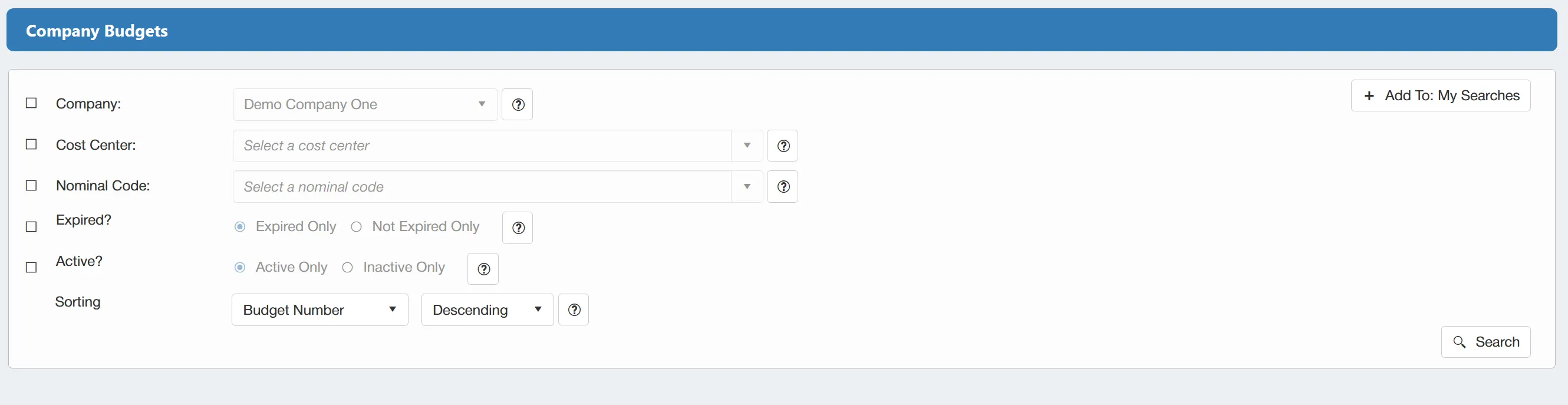 There are a number of filters available when conducting a company level budgets search.