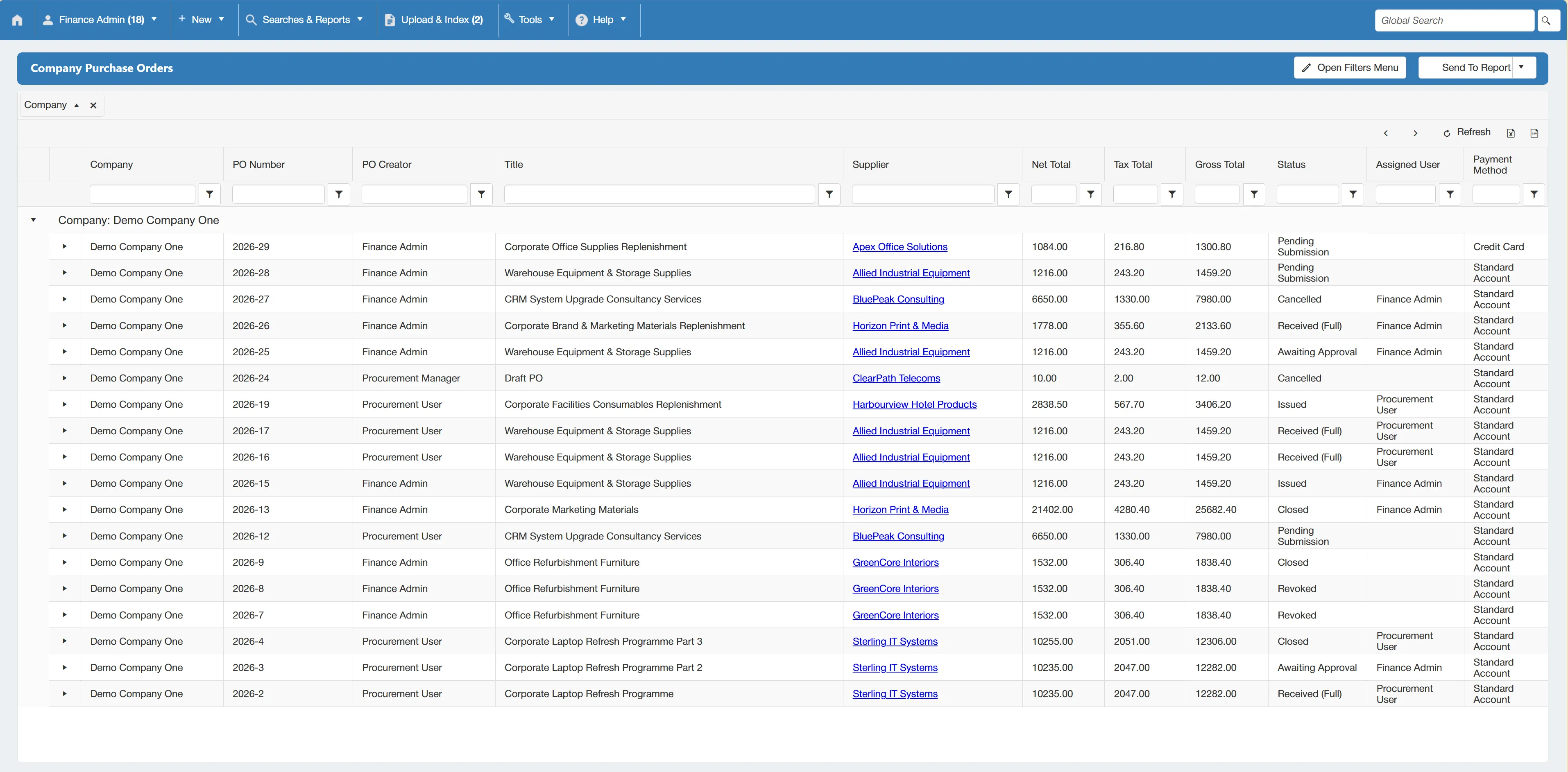 Company purchase order search results are displayed in a grid with various columns.