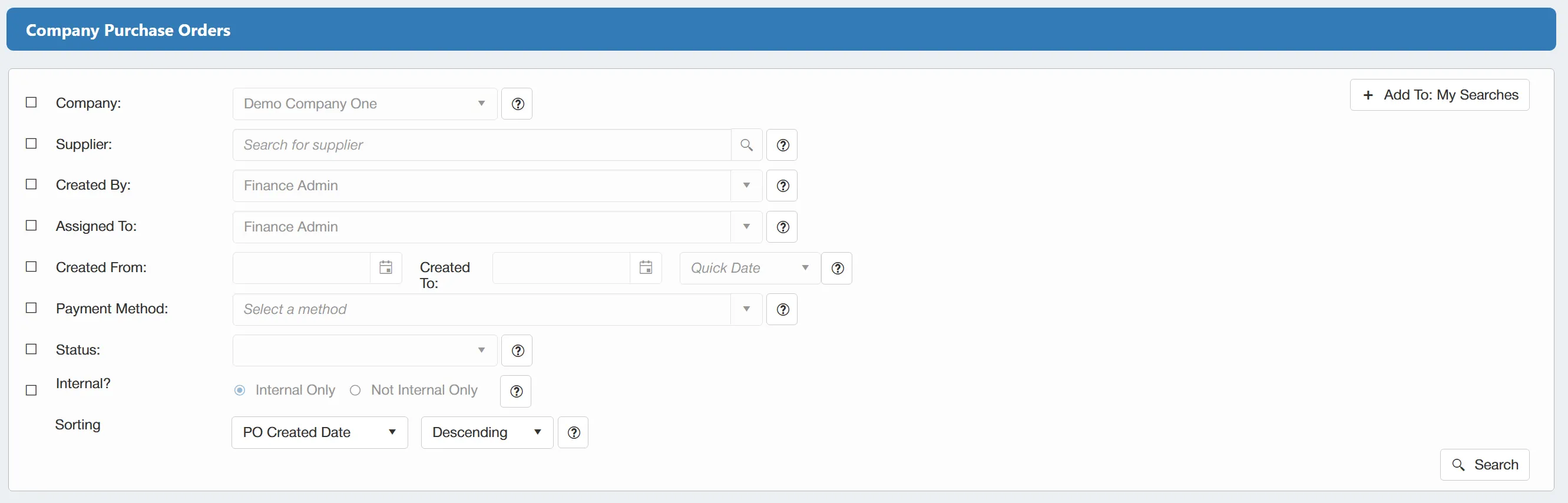 There are a number of filters available for the company level purchase order search.