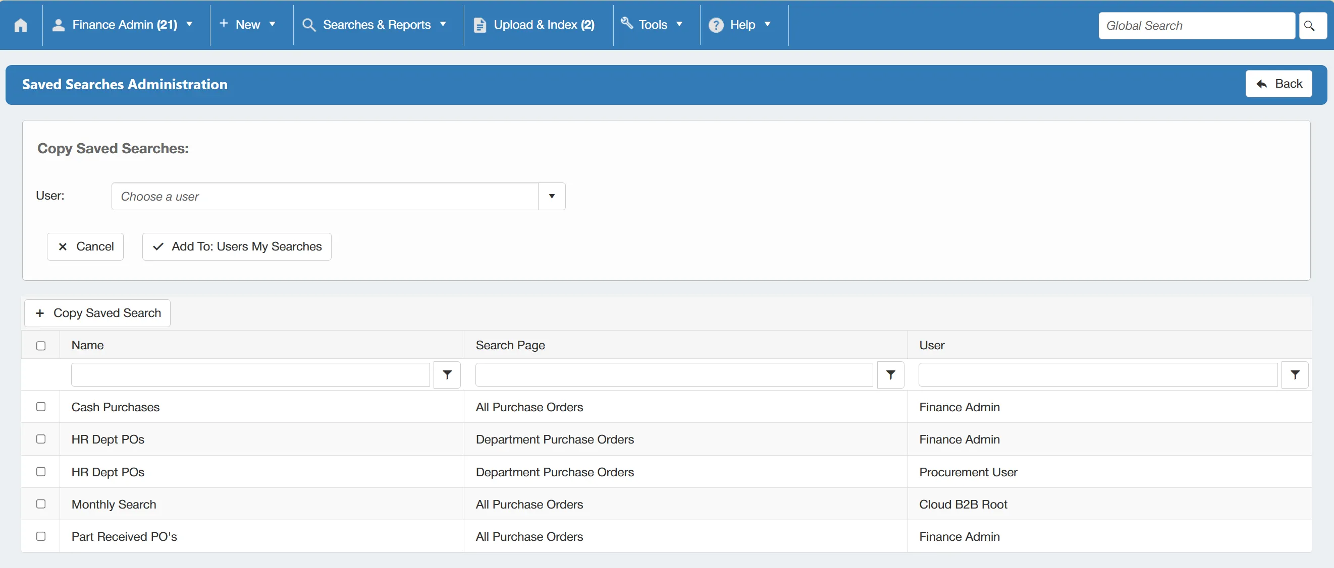 Specify which user should receive the copied searches.