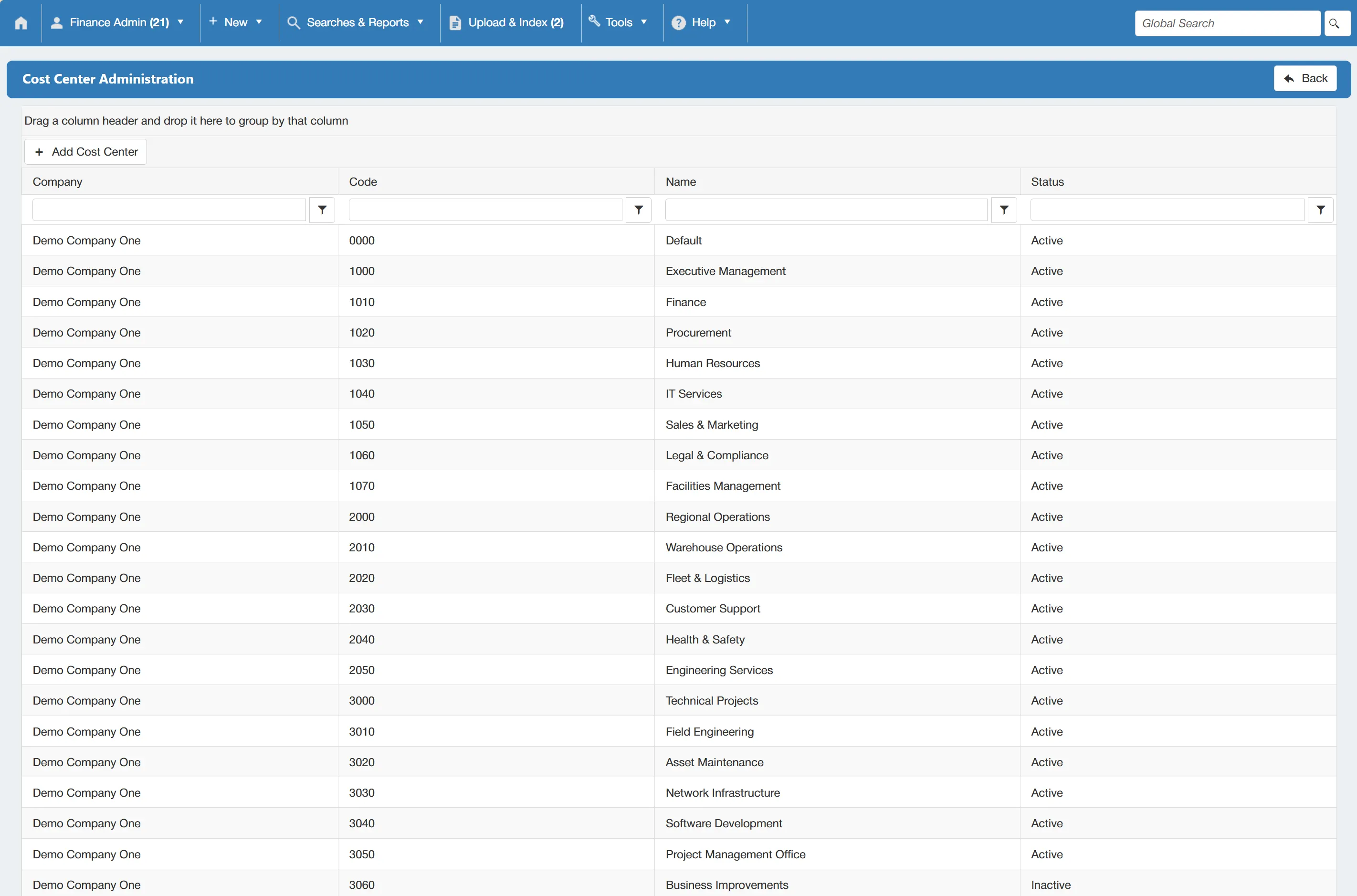 From the Cost Center Administration grid, users can manage new and existing cost centers.