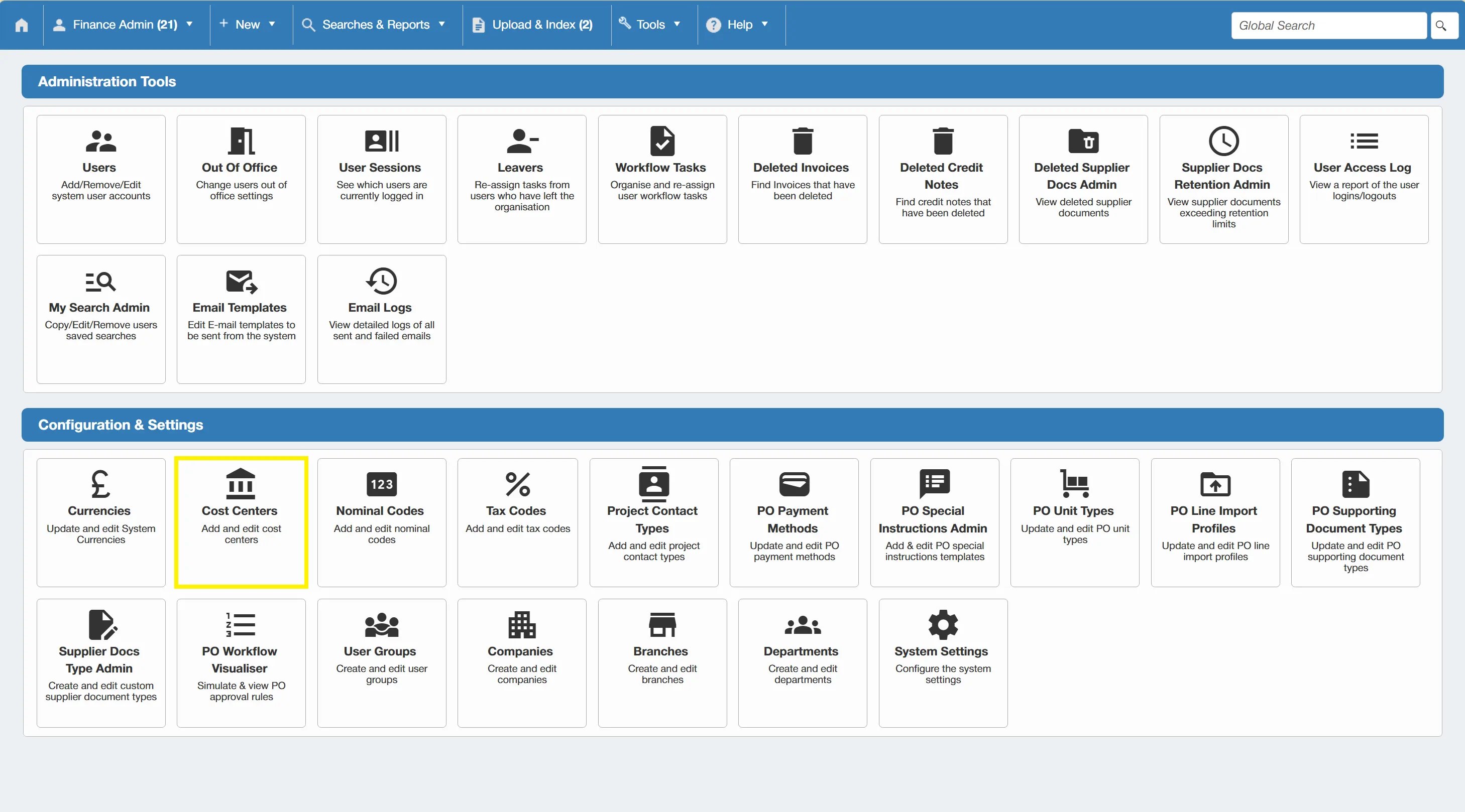 Users can create new Cost Centers and edit existing ones within the PO system.