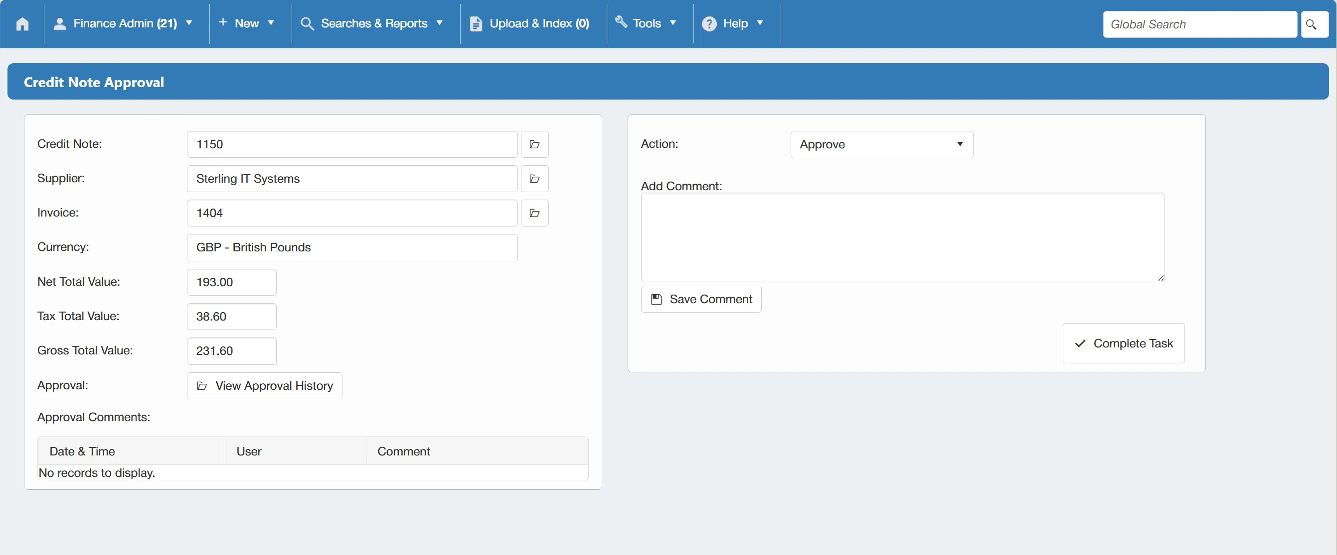 Once a credit note is submitted for approval, the invoice creator will receive a task.