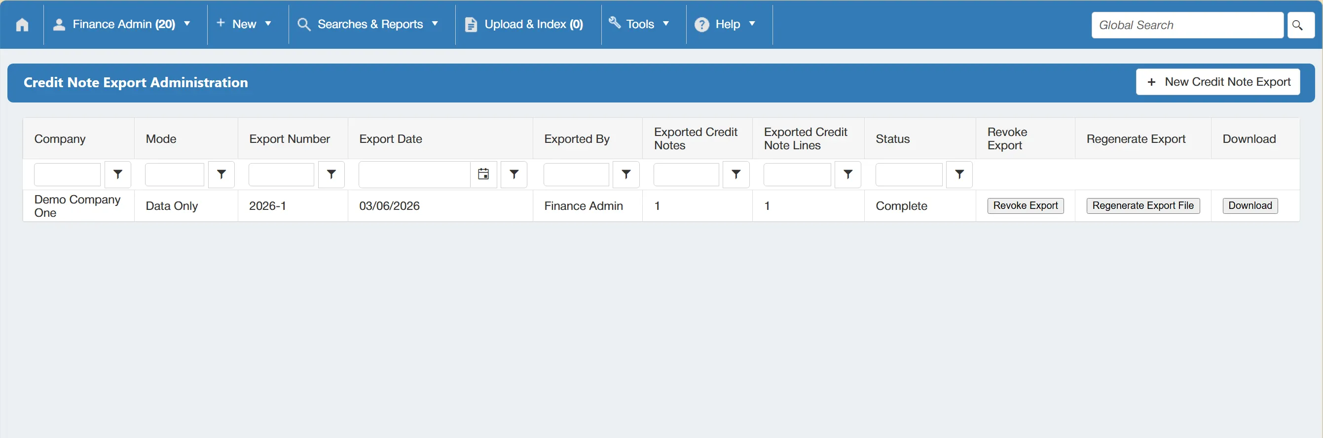 The Credit Note Export Administration Grid contains information about previous exports.
