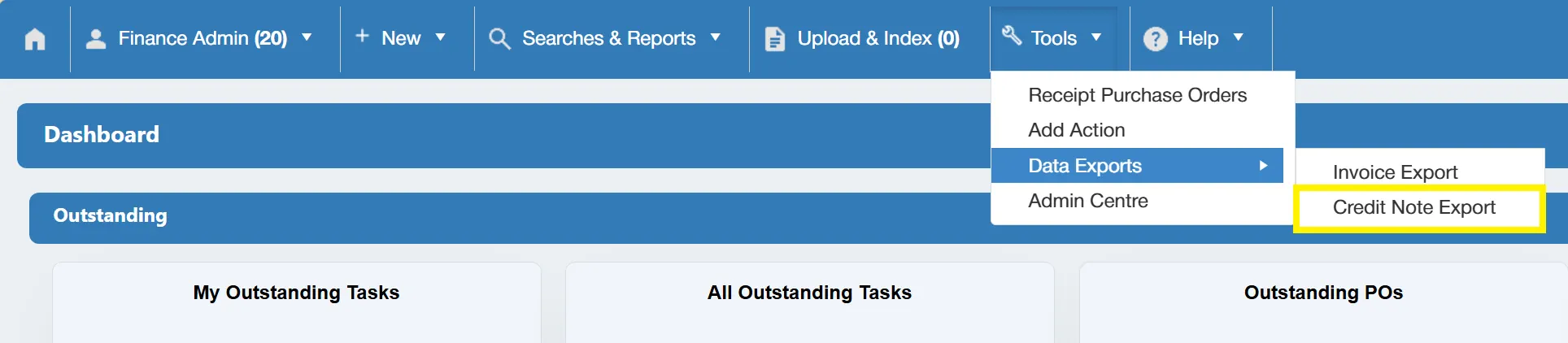 To begin a credit note export, navigate to the Credit Note Export section under the Tools menu.