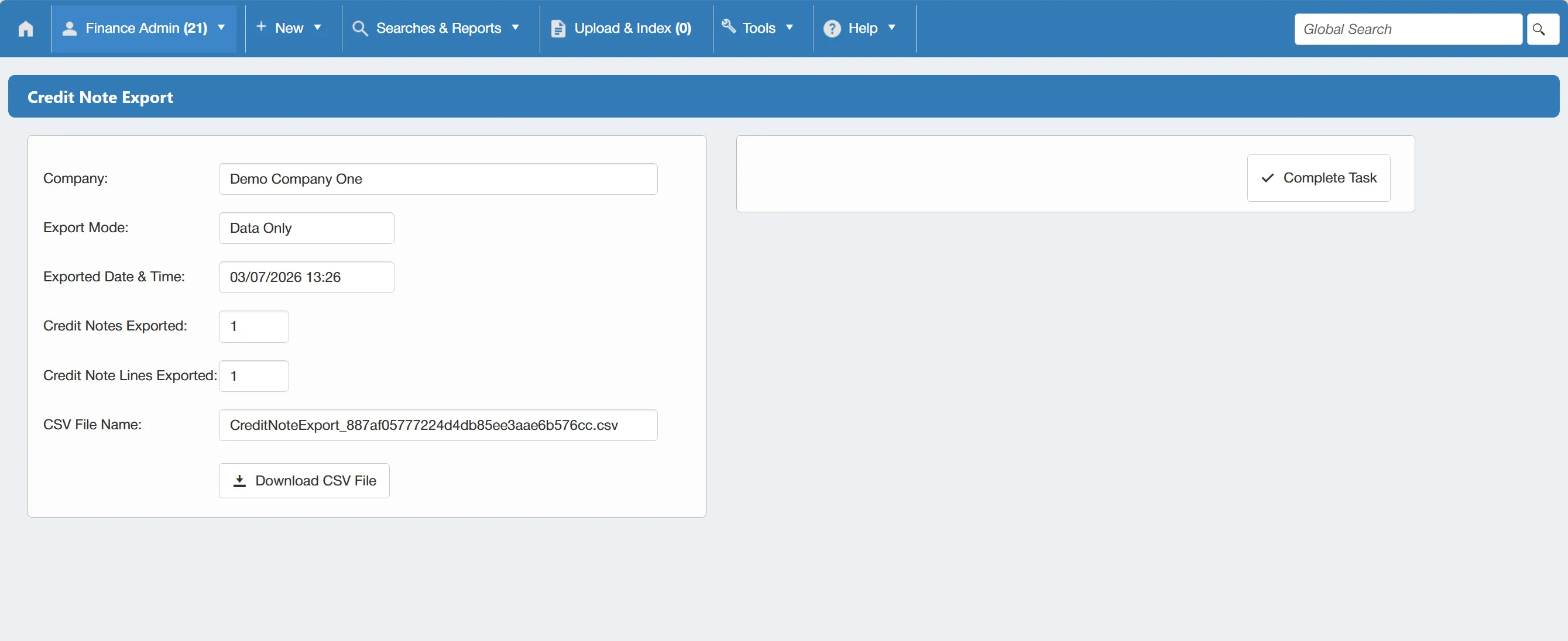 Once a credit note export has been completed, the user who carried it out will receive a task.