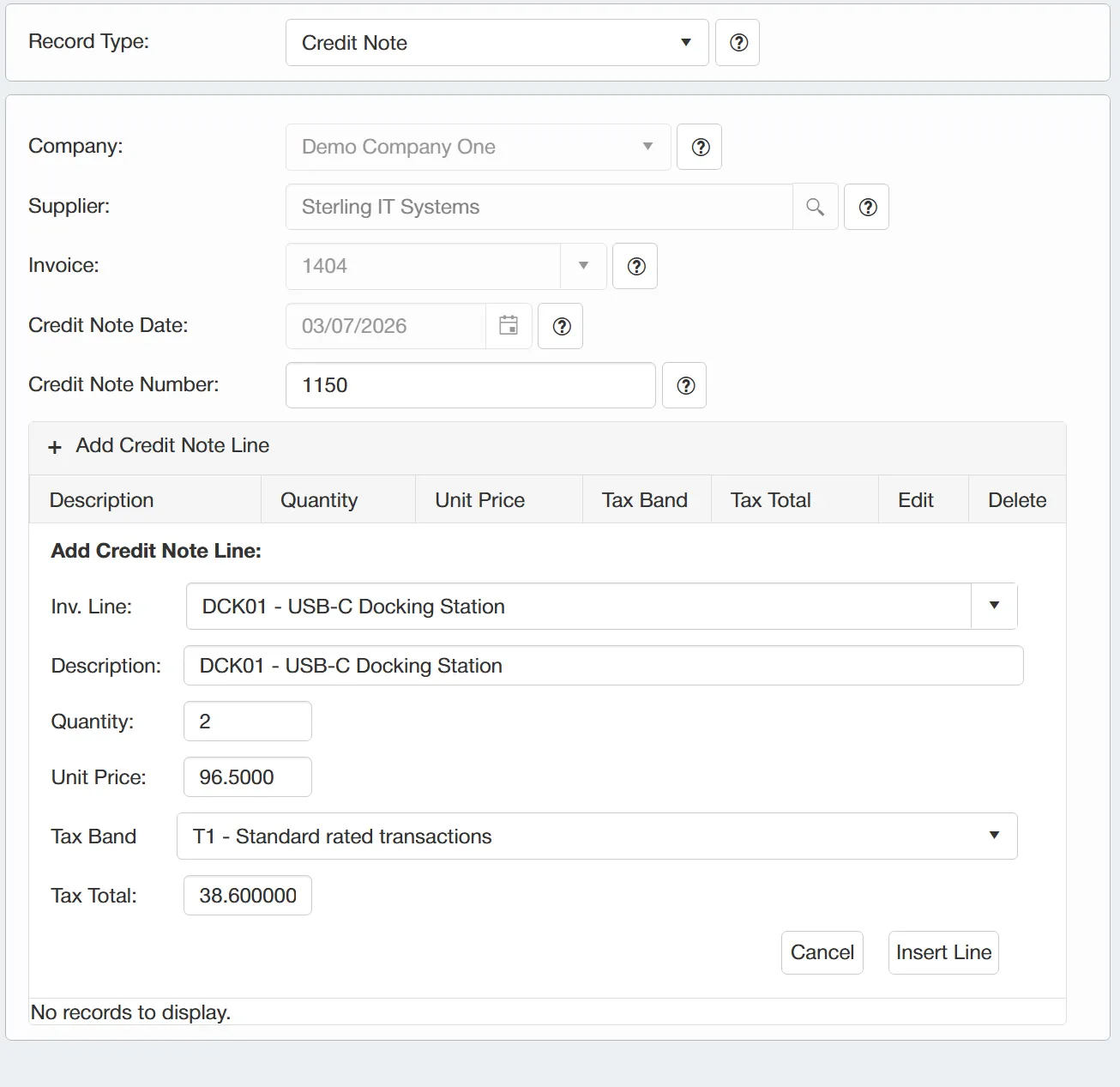 Users can manually add credit note lines by populating the fields with the relevant details.
