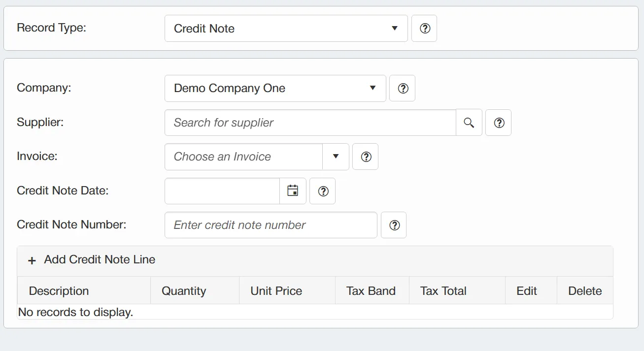 Changing the record type to Credit Note will display several fields for the user to populate.