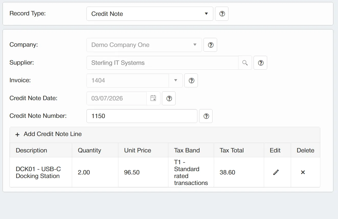 When a credit note line is added, it will be displayed on the grid along with a set of running totals.