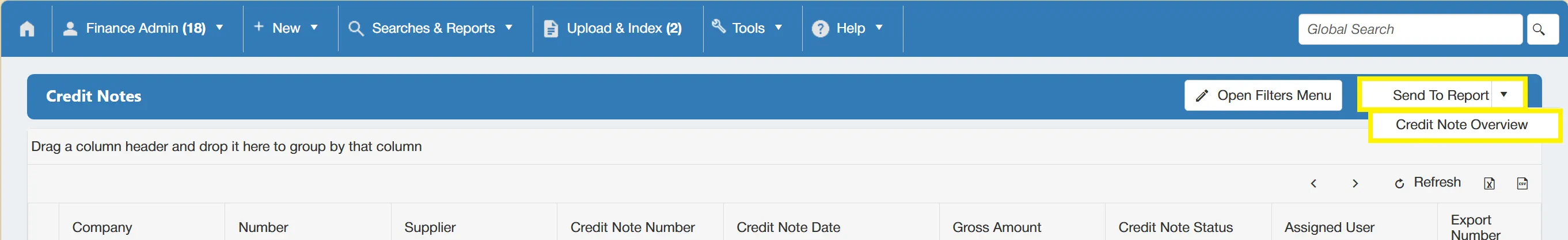 Users can send the credit note search results to a report using the Credit Note Overview button.