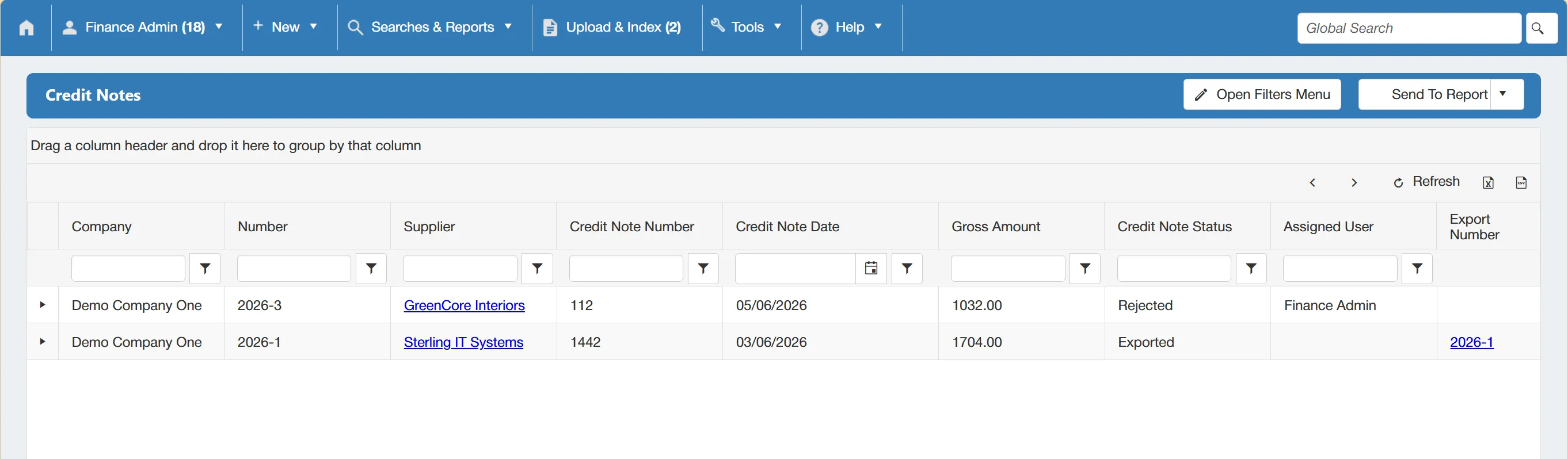 Credit notes search results are displayed in a clear grid with various columns.