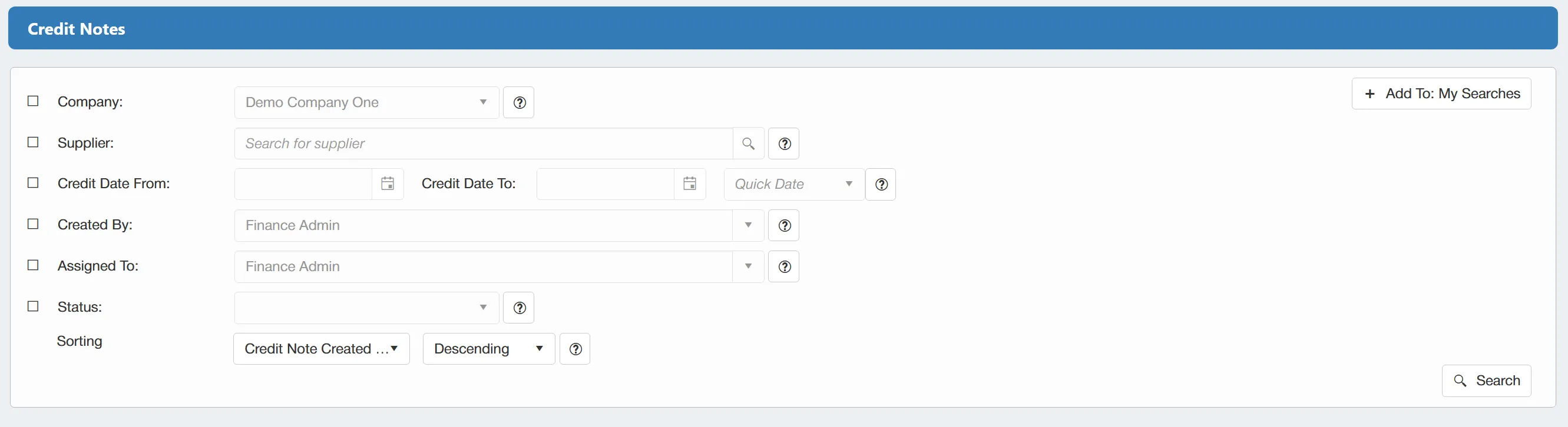 The credit notes search has a range of filters available allowing users to narrow down their search results.