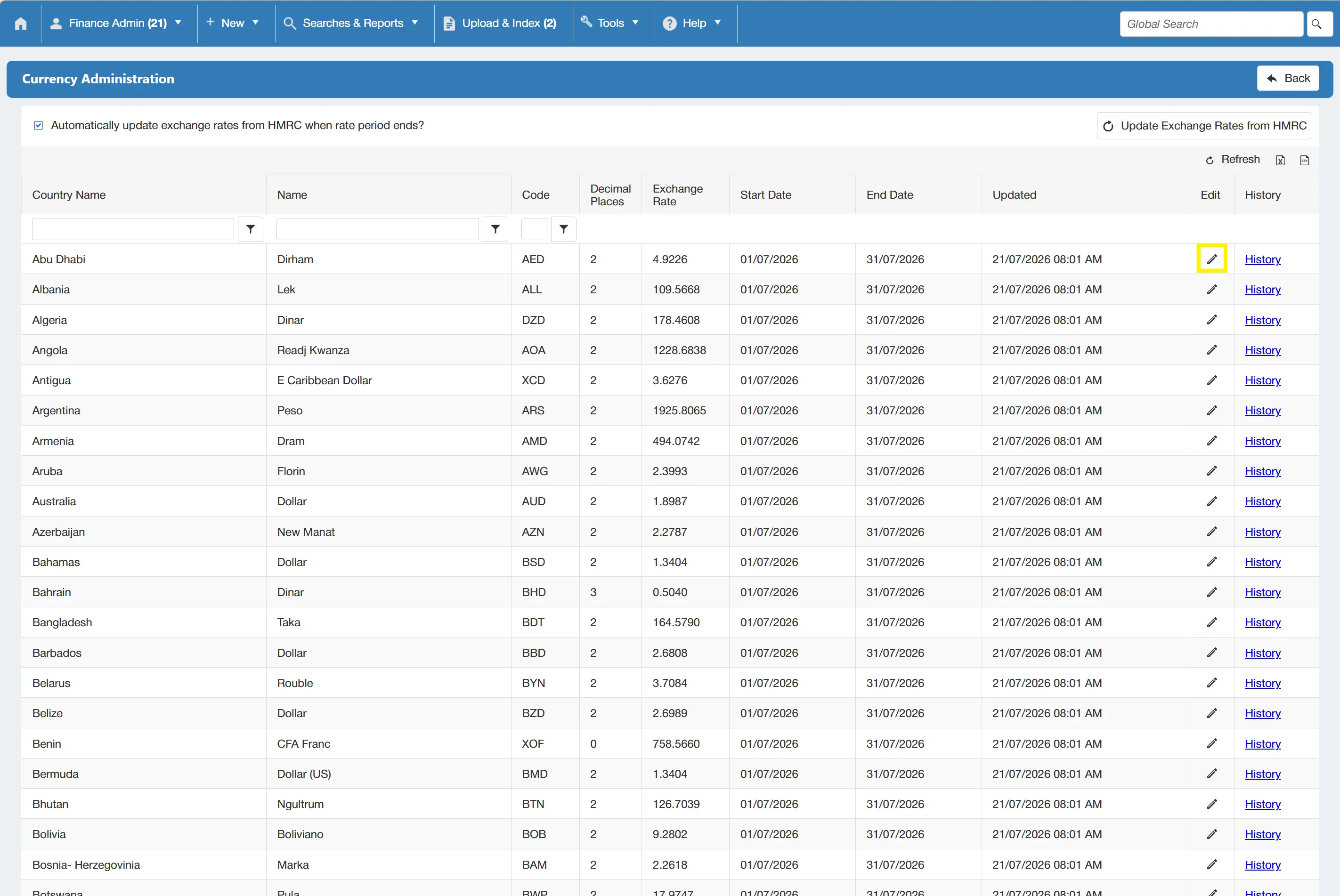 Individual currency rates can be edited manually within the system.