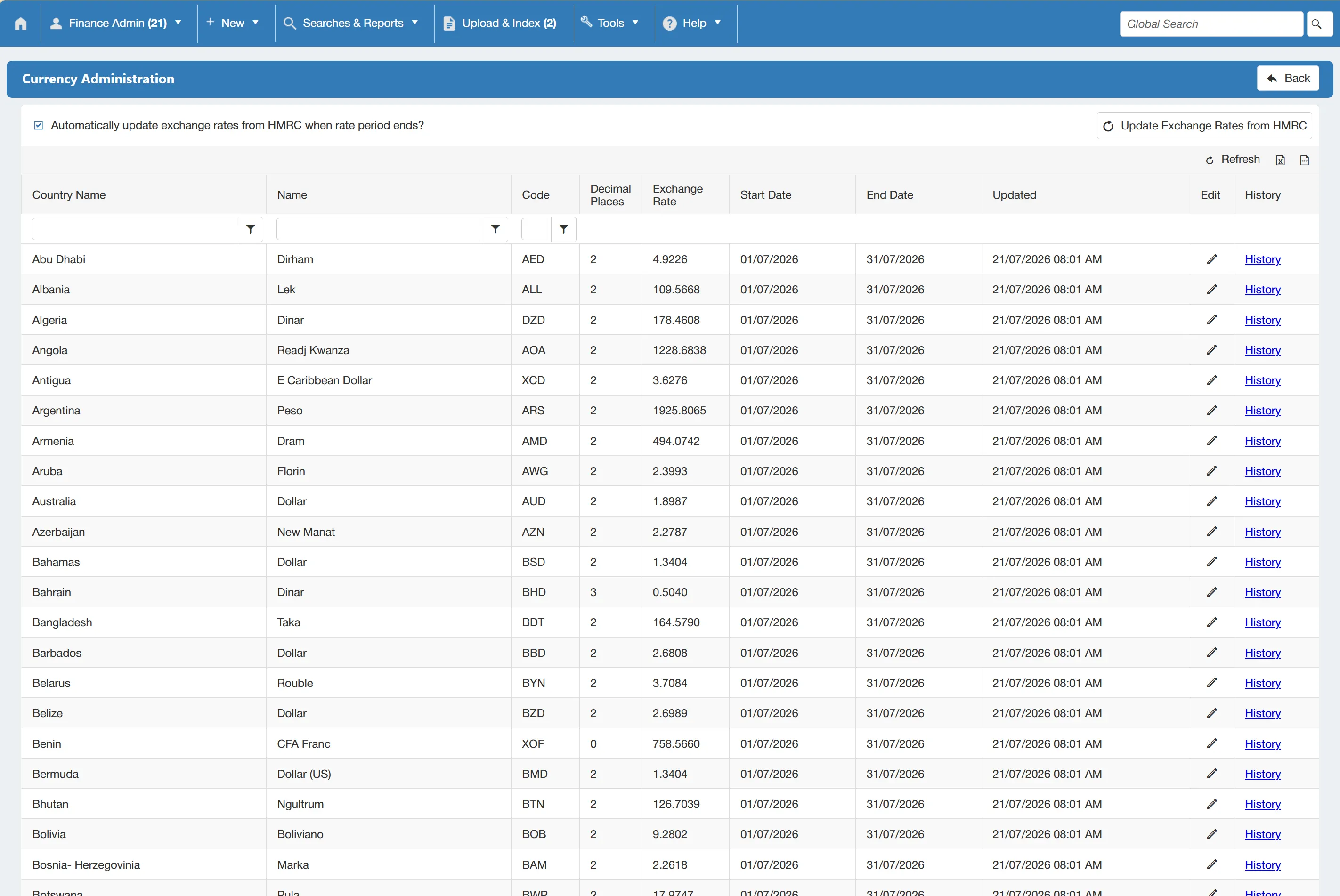 All currencies within the PO software are displayed on the Currency Table for review.