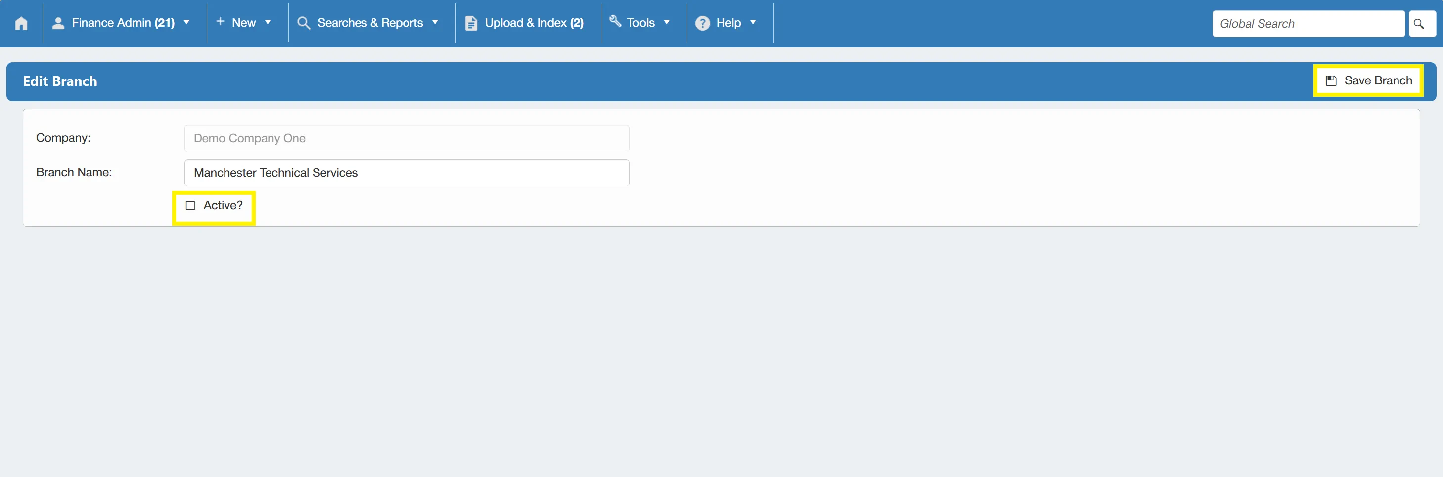 If a branch is no longer required, it can be deactivated within the system.