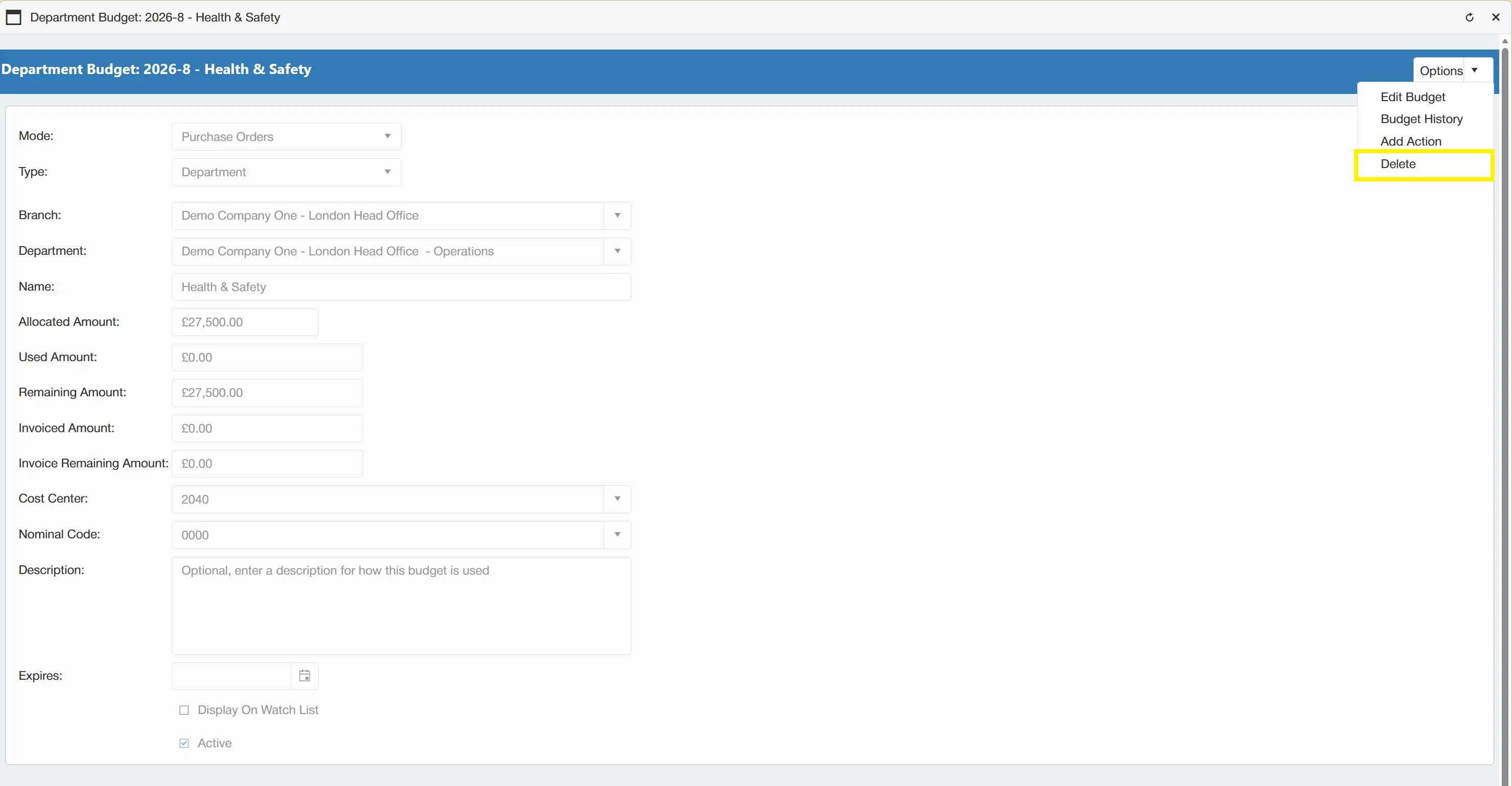 To delete a budget, simply select the delete option from the menu.