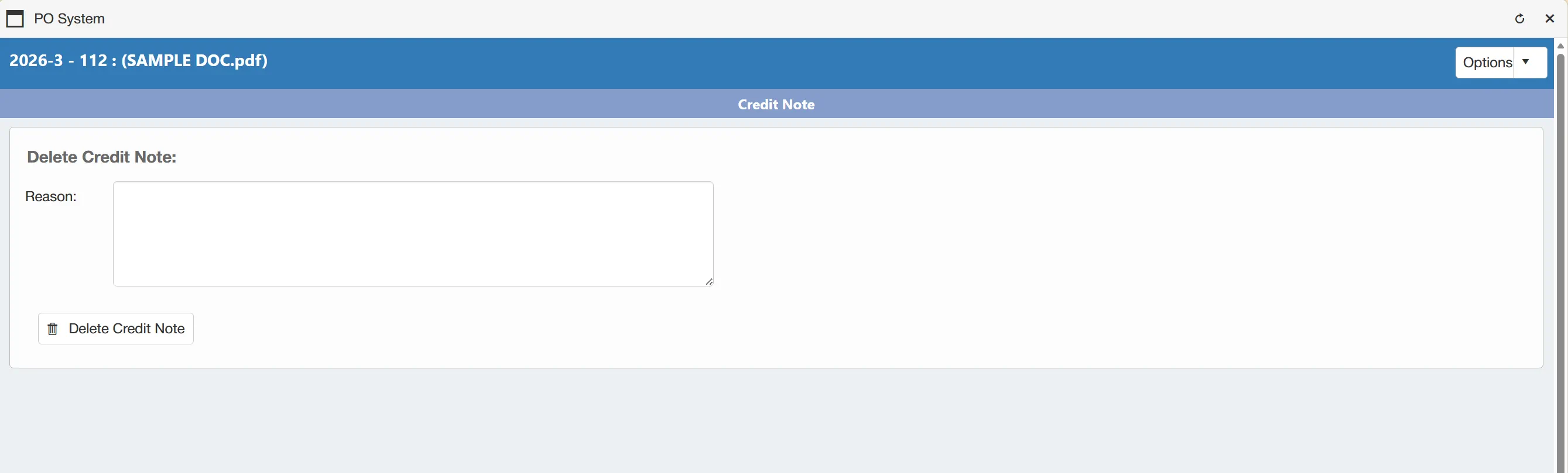 When deleting a credit note, you must specify a reason.