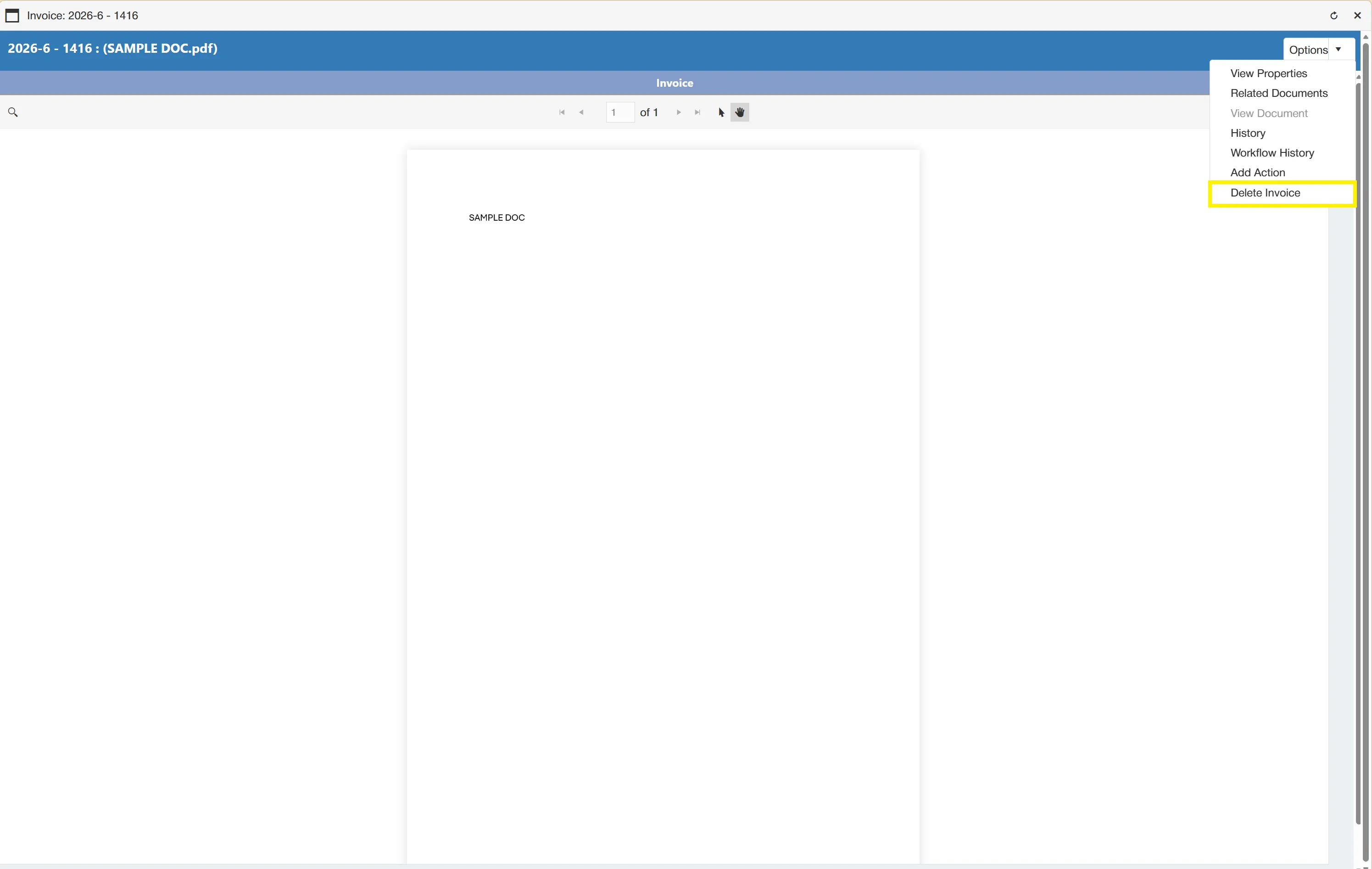 Delete Invoice Button To delete an invoice, simply click the Delete Invoice button from the Options menu.