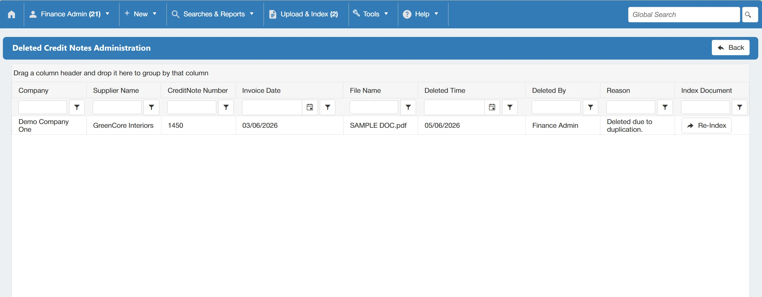 Deleted credit notes will be displayed within the admin grid, along with key information.