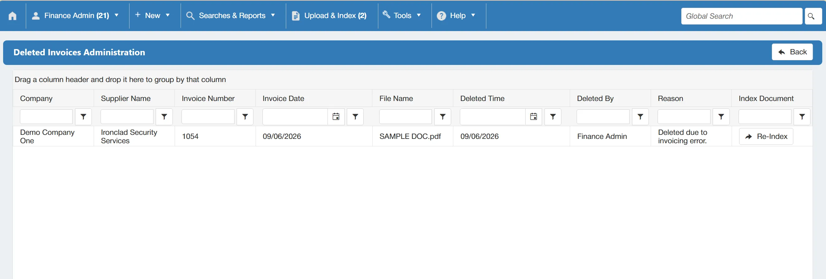 Deleted invoices will be displayed within the admin grid, along with key information.