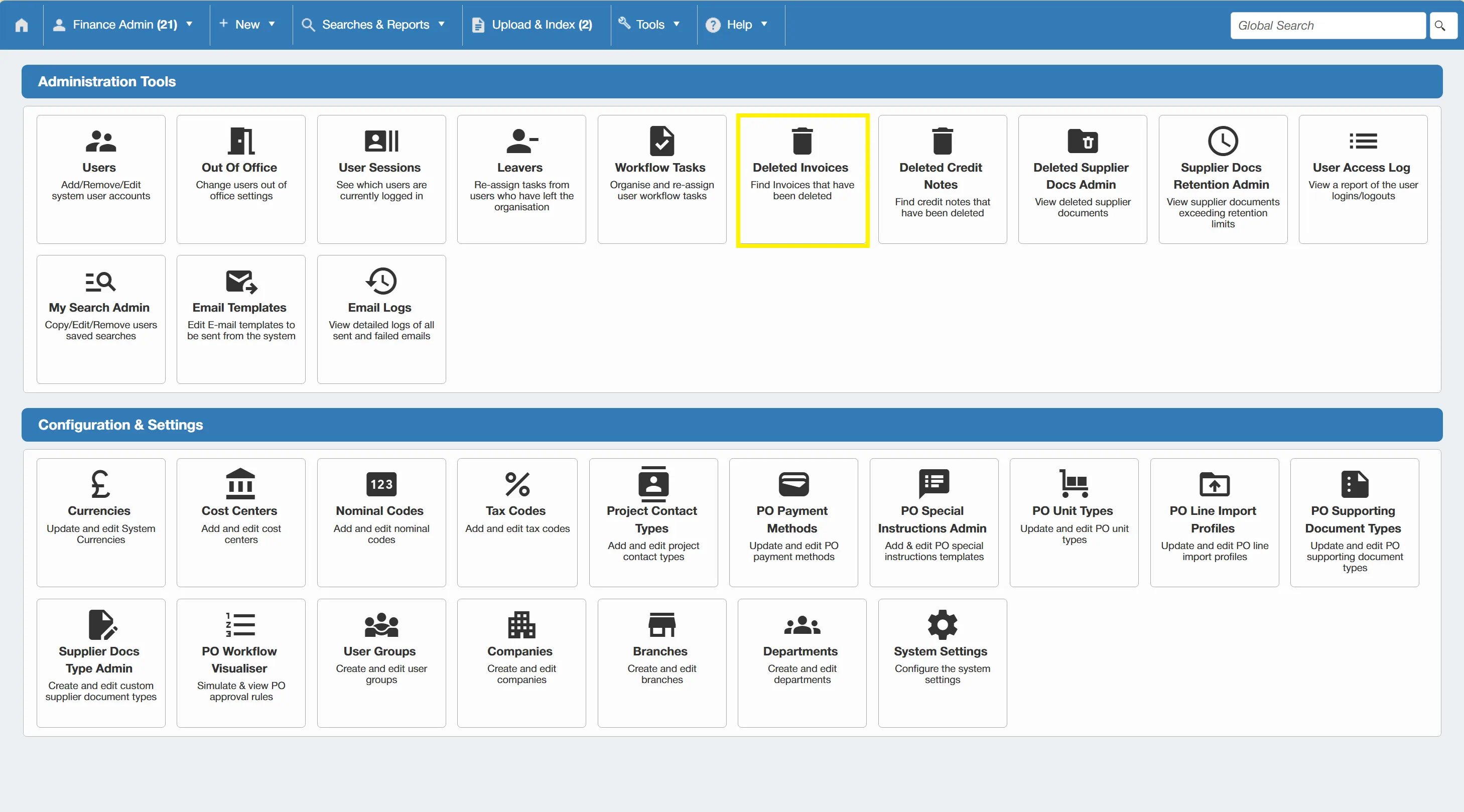 Admin users have the ability to view deleted invoices.