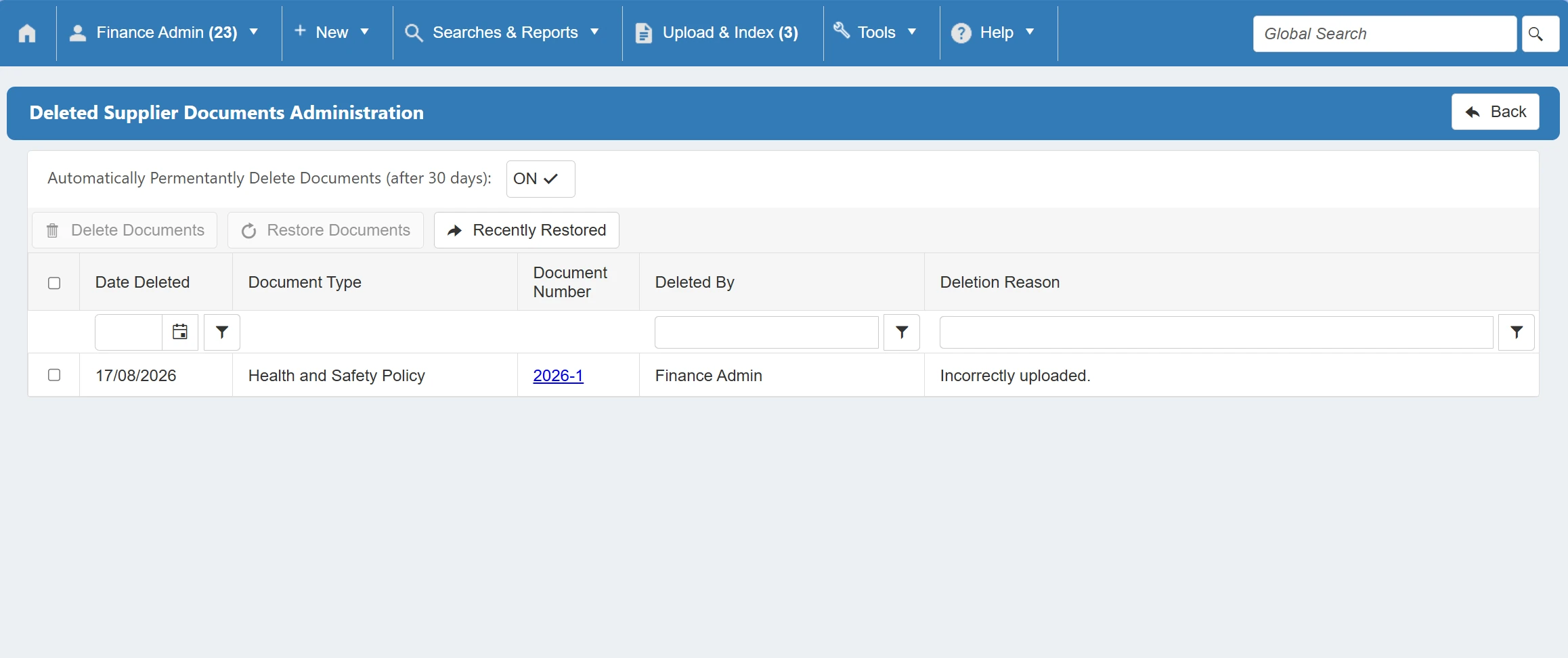 The Deleted Supplier Docs Admin grid displays any deleted supplier documents.