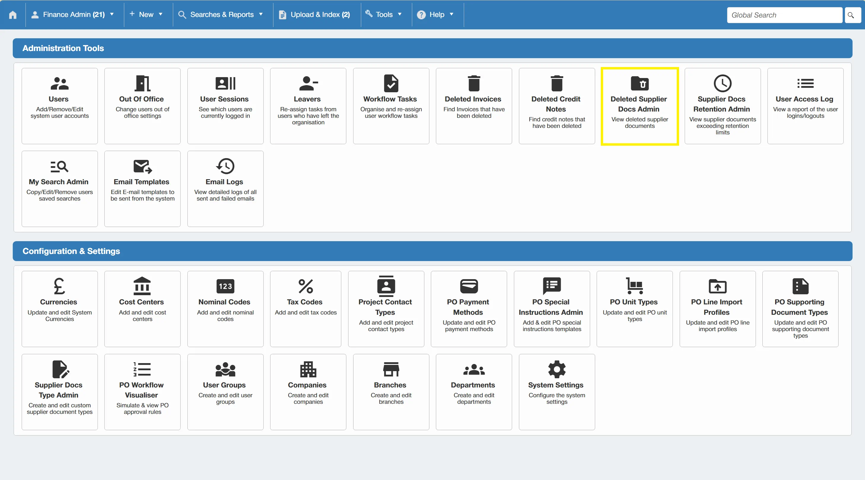 Deleted supplier documents are stored within the Deleted Supplier Docs Admin section.